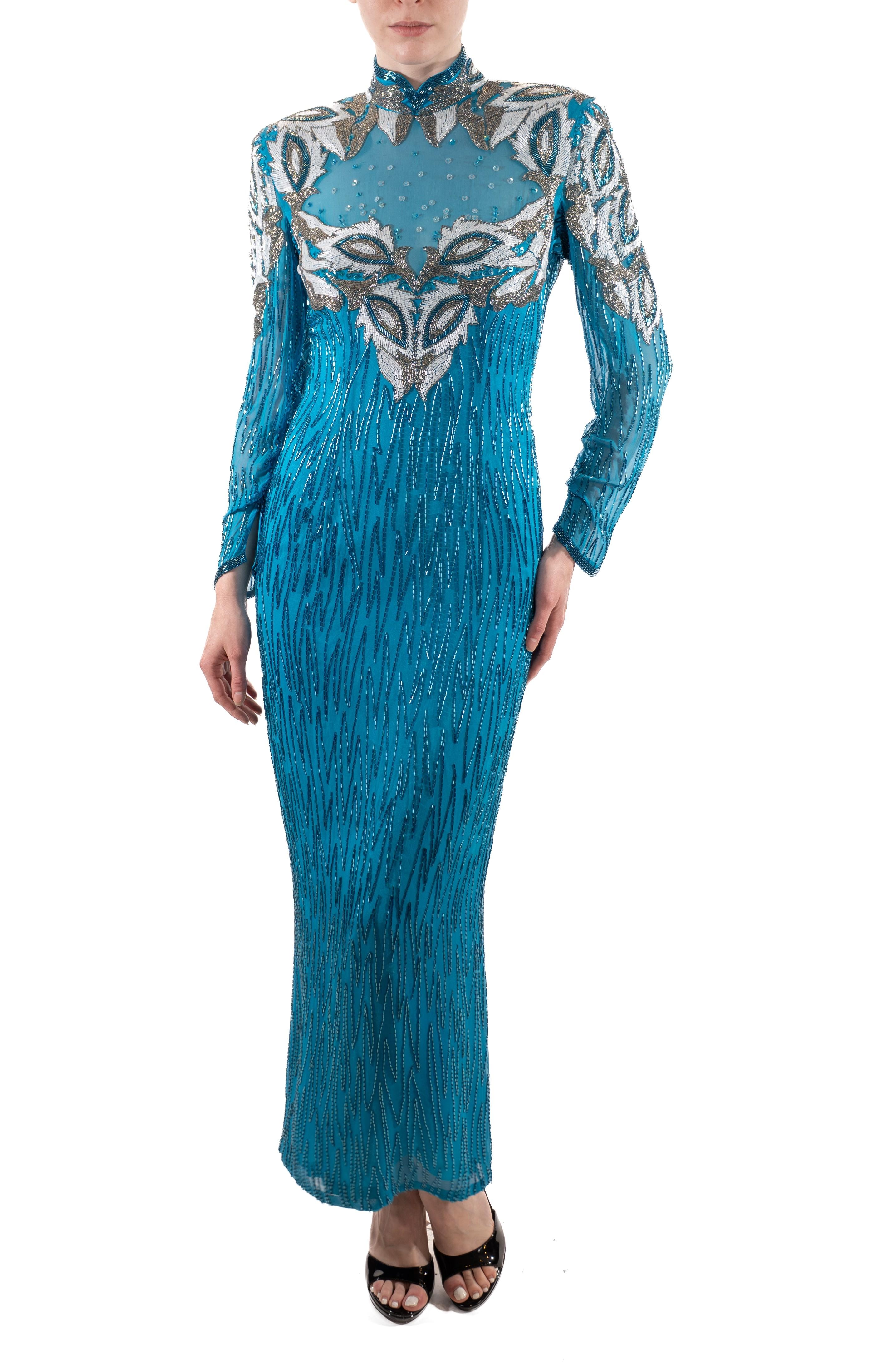 1980S Electric Blue Beaded Silk Chiffon Dynasty Gown With Sleeves For Sale 4