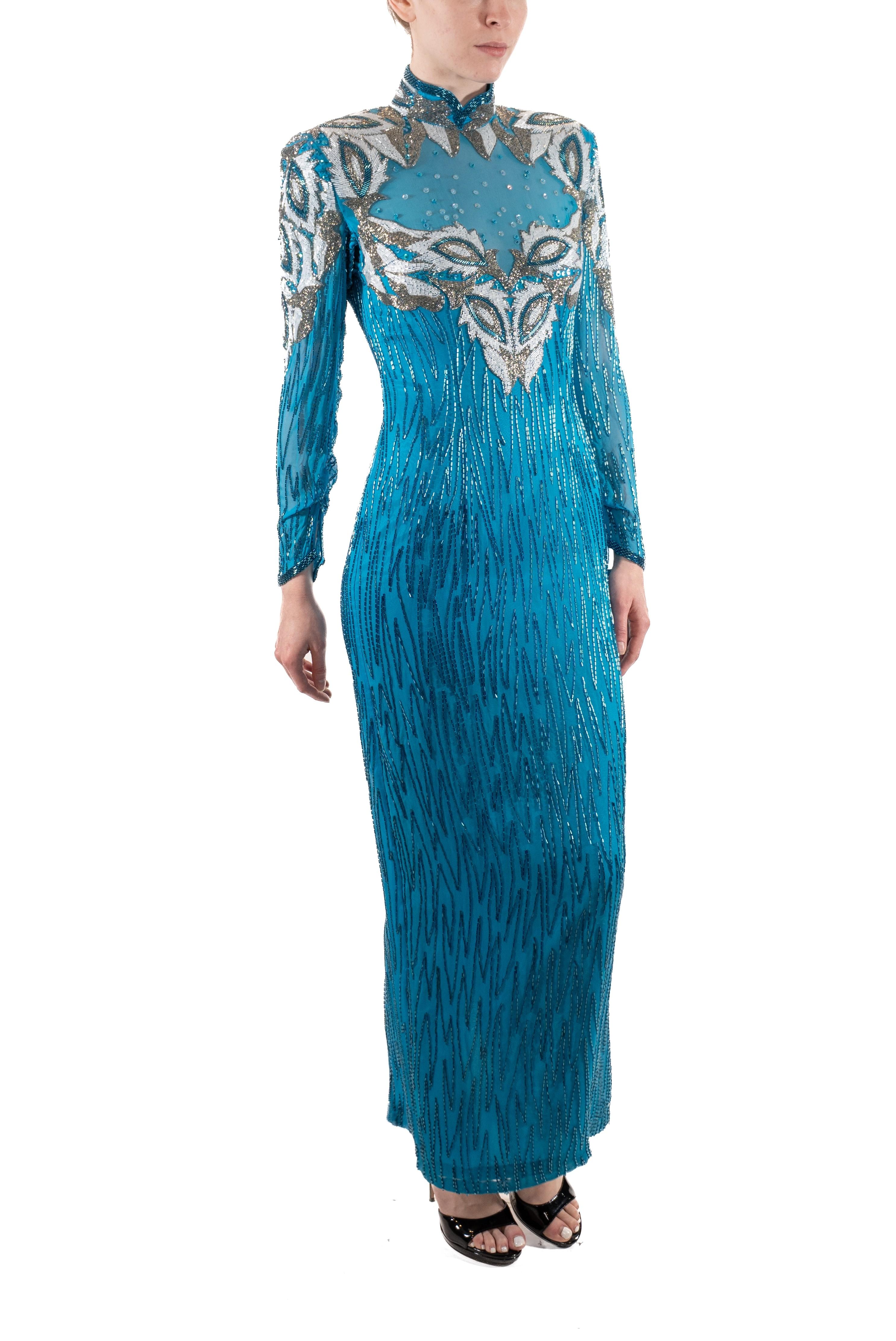 1980S Electric Blue Beaded Silk Chiffon Dynasty Gown With Sleeves For Sale 5