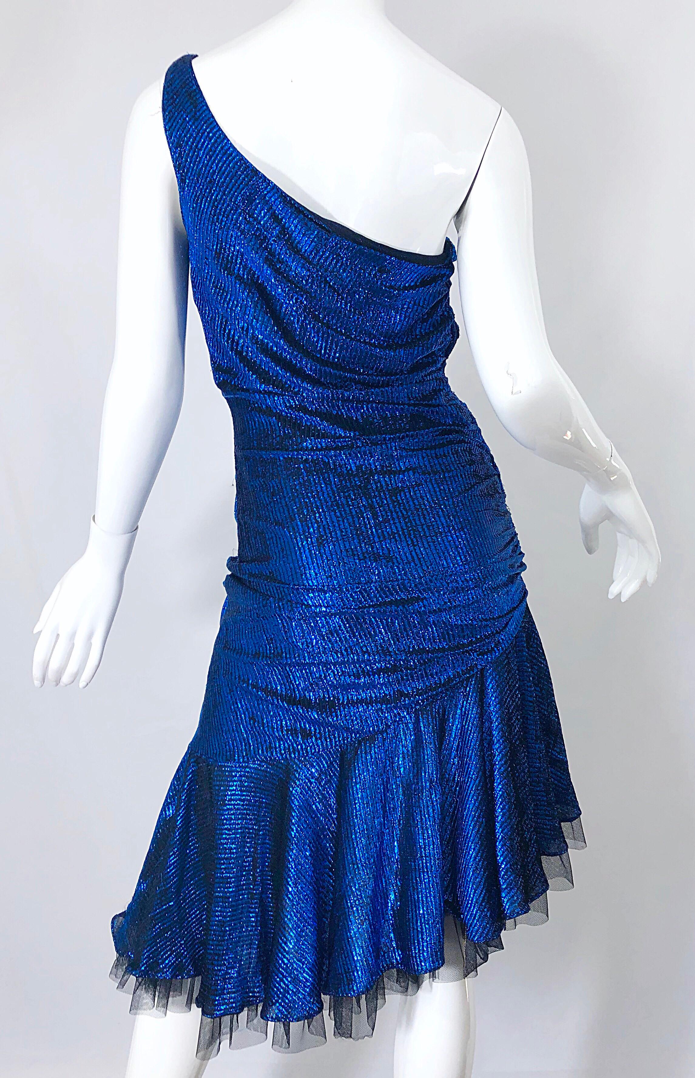 1980s Electric Blue + Black One Shoulder Metallic One Shoulder Vintage 80s Dress 3