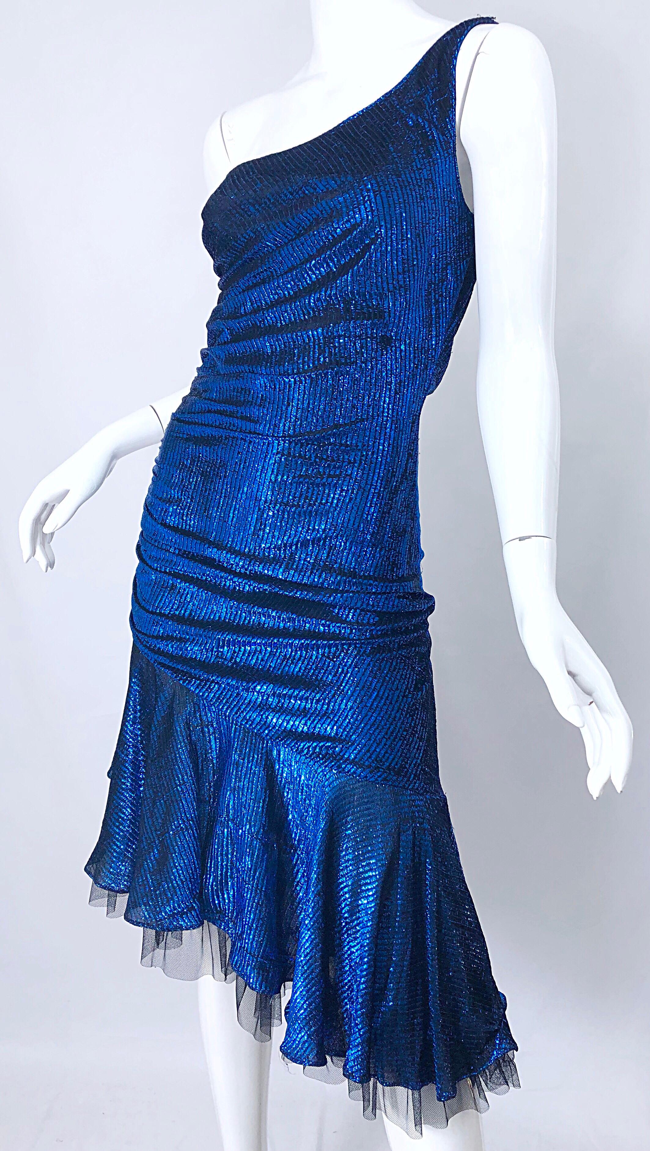 1980s Electric Blue + Black One Shoulder Metallic One Shoulder Vintage 80s Dress 4