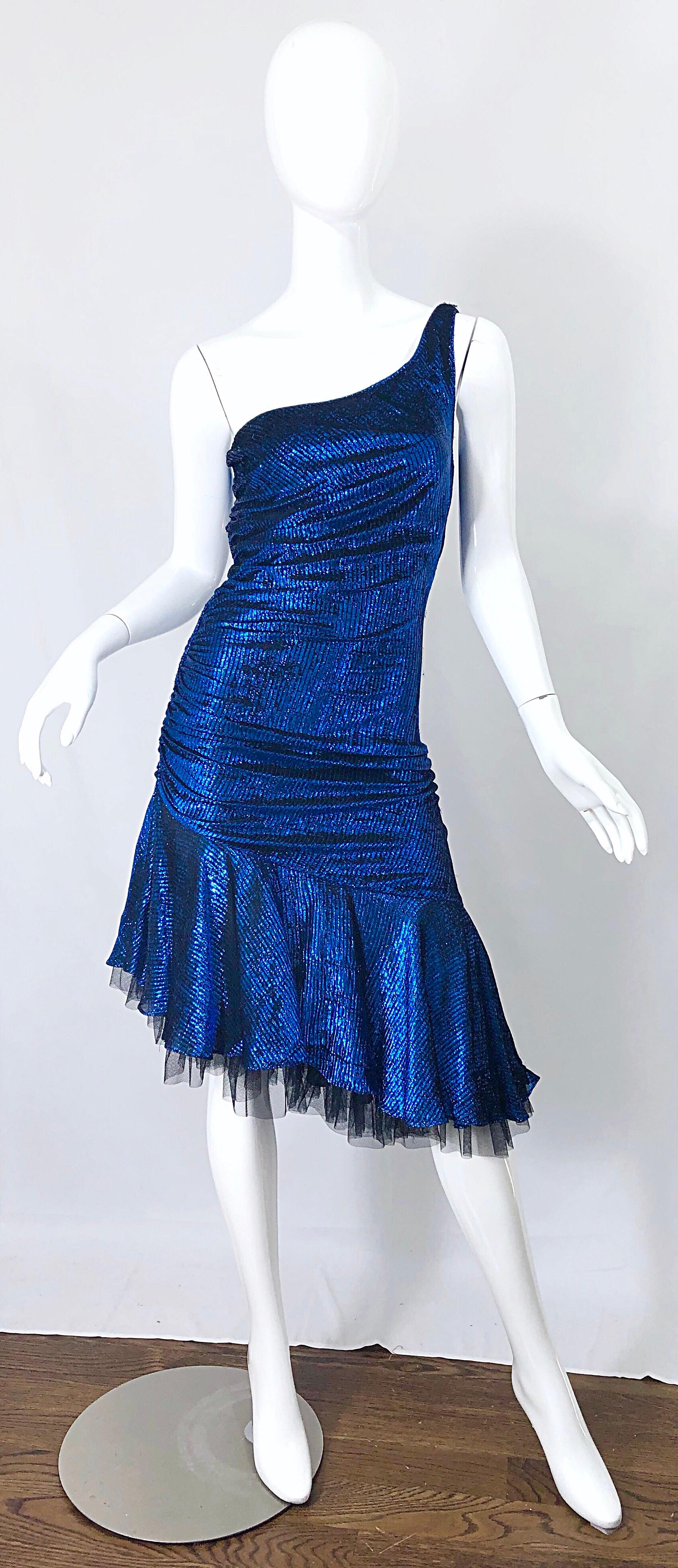 1980s Electric Blue + Black One Shoulder Metallic One Shoulder Vintage 80s Dress 6