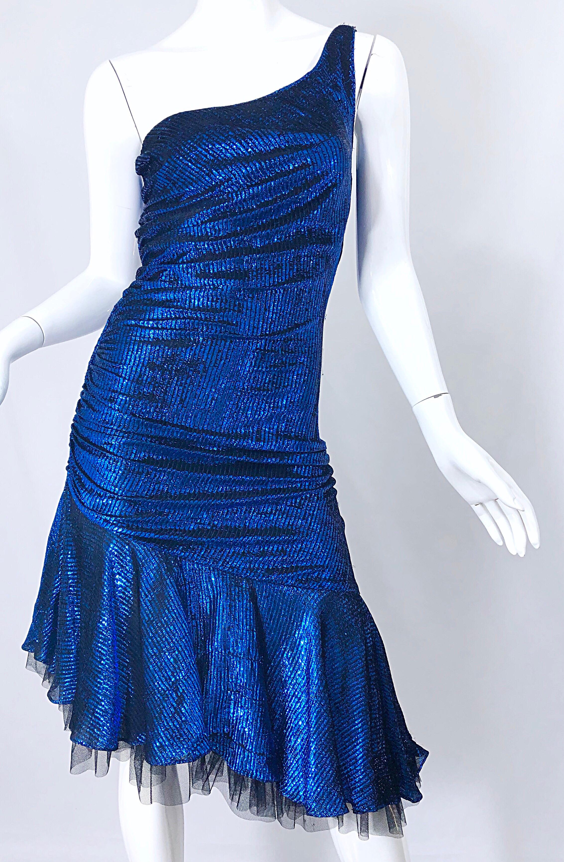 1980s Electric Blue + Black One Shoulder Metallic One Shoulder Vintage 80s Dress In Excellent Condition In San Diego, CA