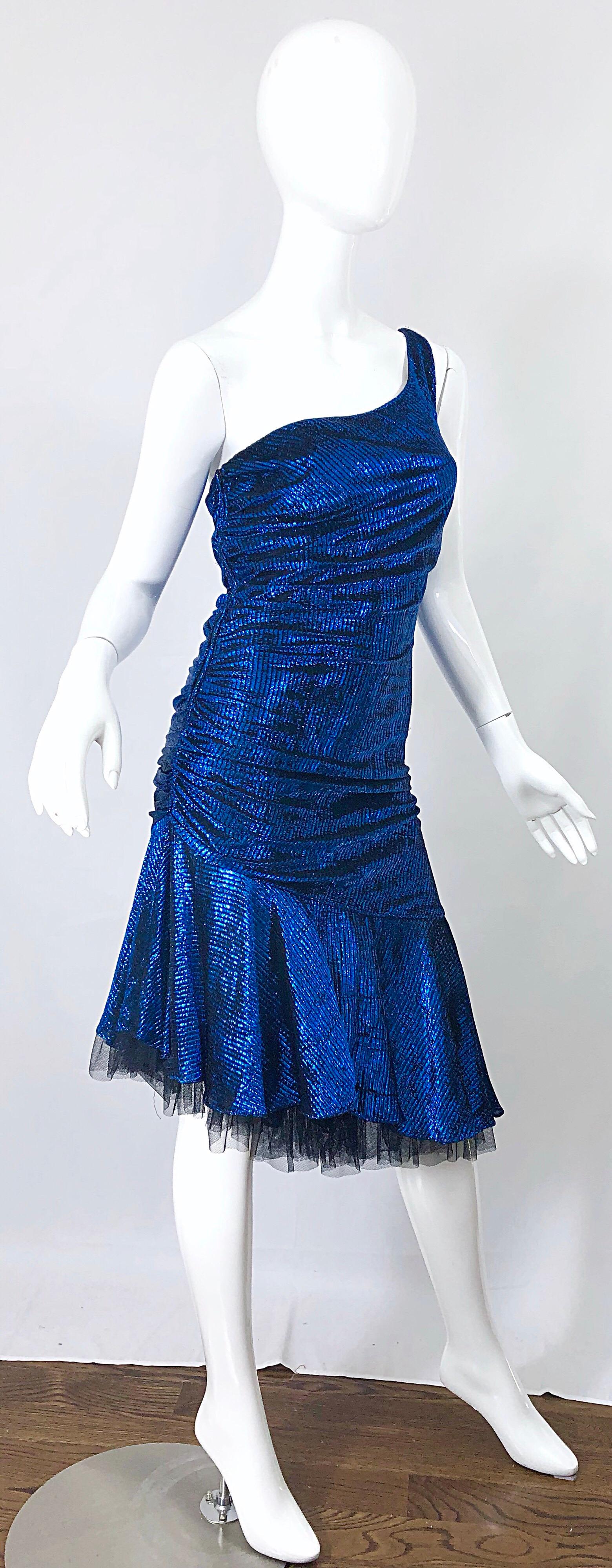 Women's 1980s Electric Blue + Black One Shoulder Metallic One Shoulder Vintage 80s Dress