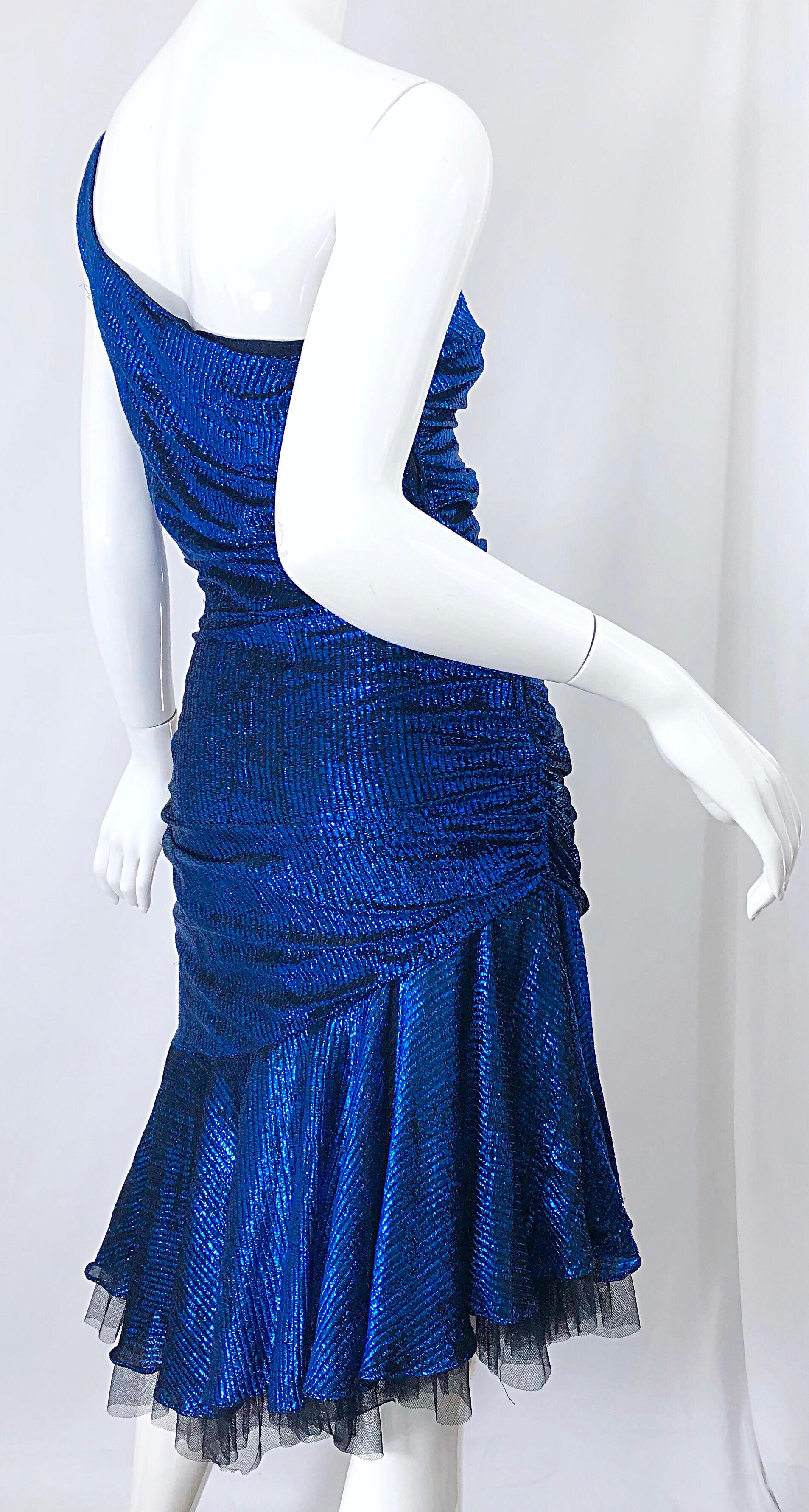 1980s Electric Blue + Black One Shoulder Metallic One Shoulder Vintage 80s Dress 1