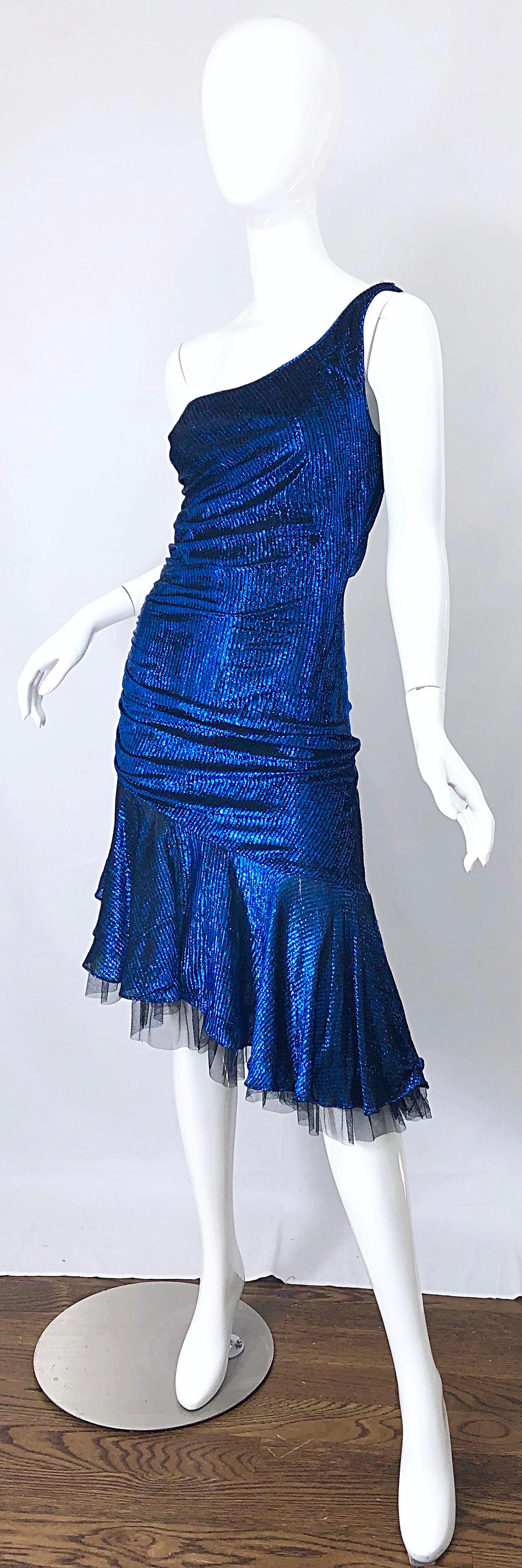 1980s Electric Blue + Black One Shoulder Metallic One Shoulder Vintage 80s Dress 2