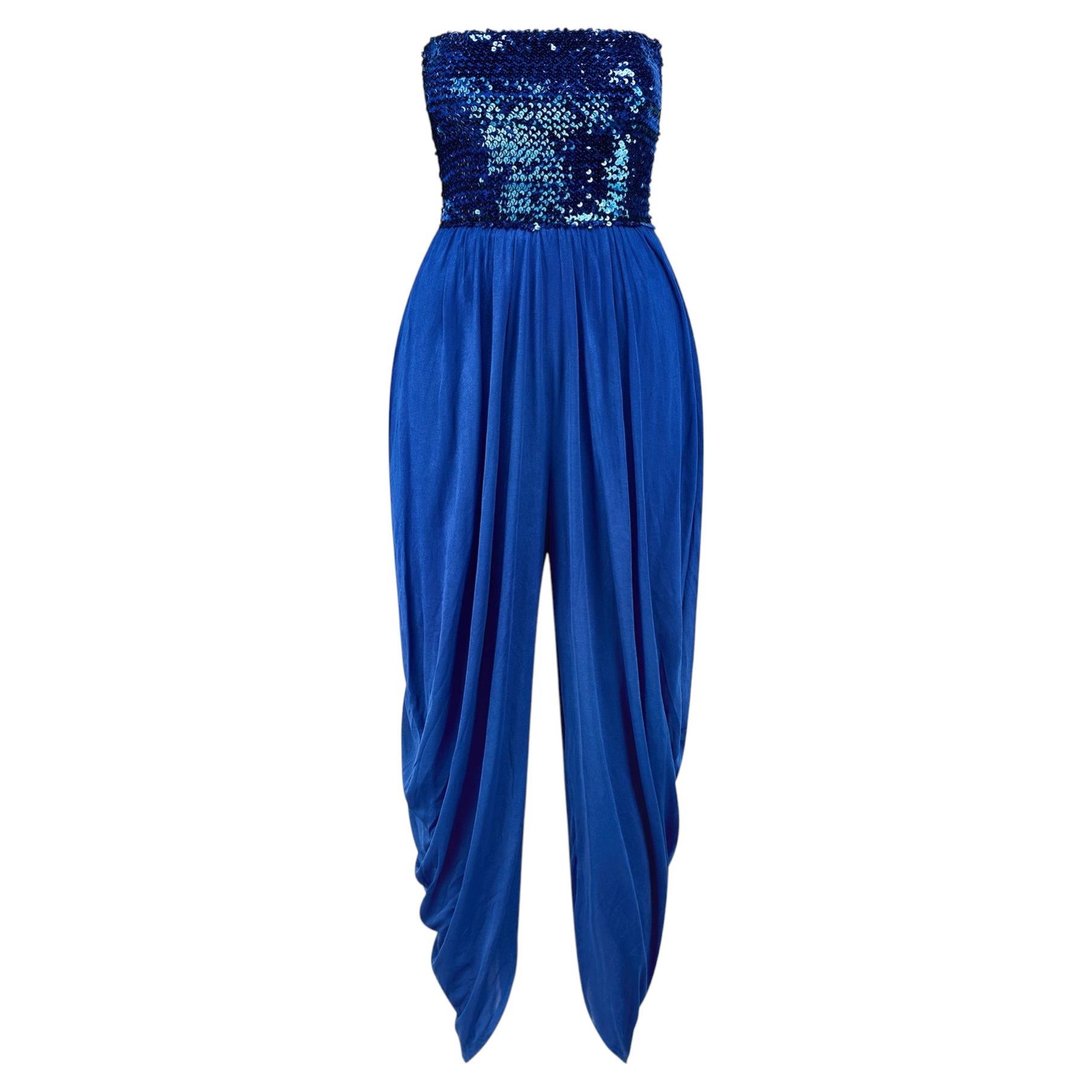 Combinaison sans bretelles à paillettes bleu électrique des années 1980 avec pantalon bouffant