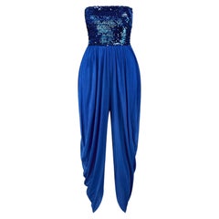 1980s Electric Blue Strapless Sequin Jumpsuit with Harem Trousers