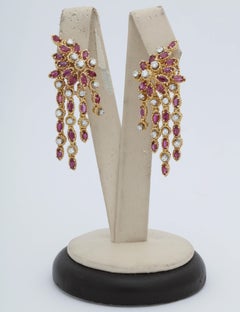 1980s Elegant Marquis Cut Rubies with Diamonds Hanging Tassel Gold Earrings