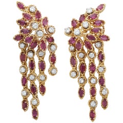 1980s Elegant Marquis Cut Rubies with Diamonds Hanging Tassel Gold Earrings