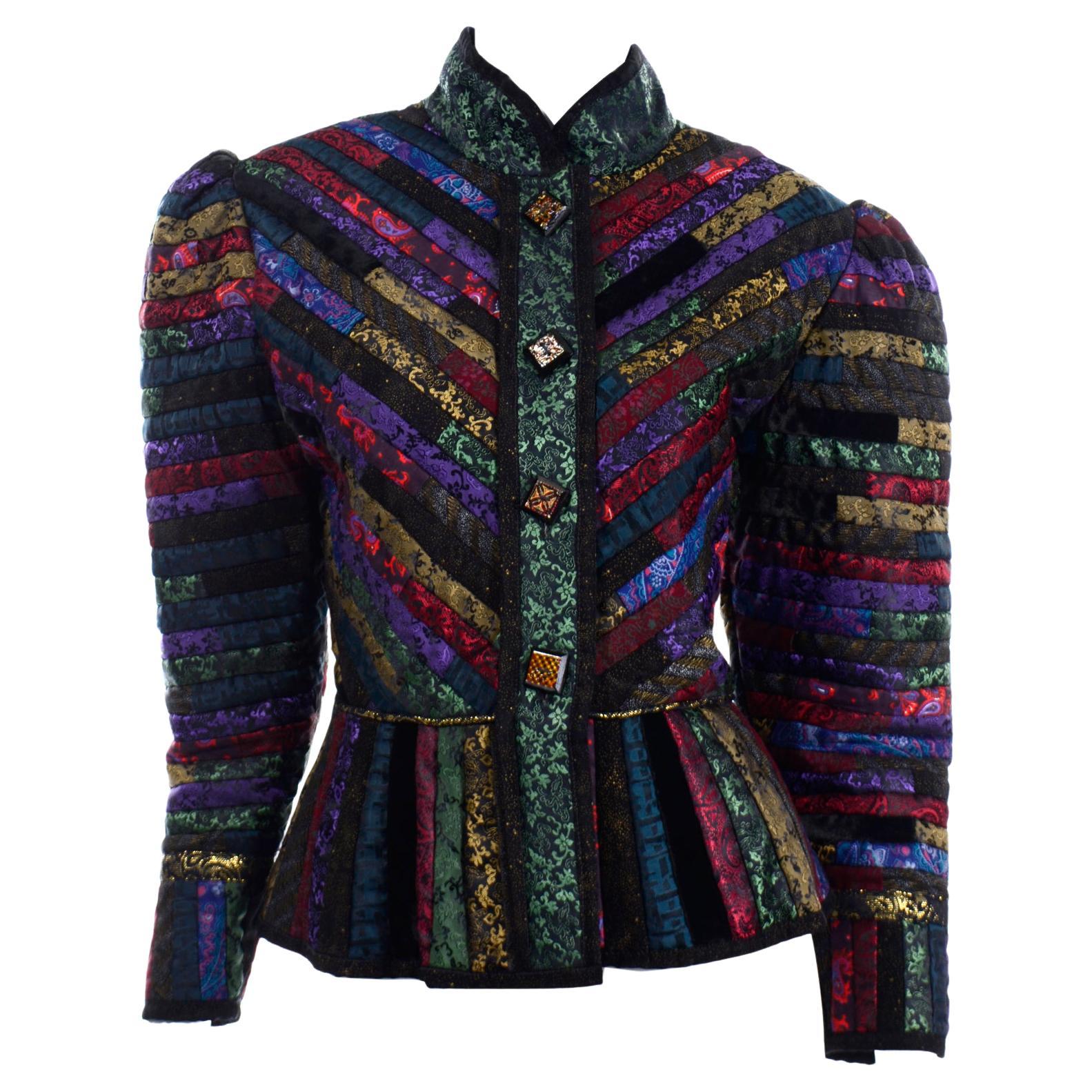 1980s Elena Pelevina Colorful Handcrafted Russian Folk Art Quilted Jacket For Sale