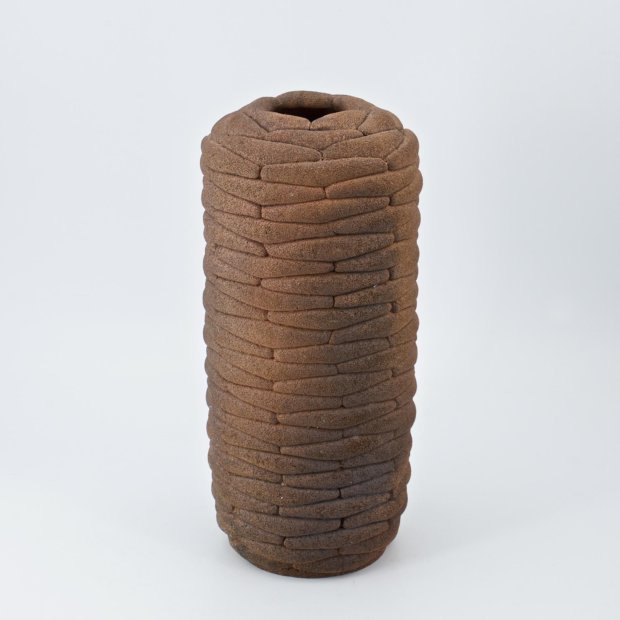 Mid-Century Modern 1980s Elephant Hide Textural Folds Stoneware Cylindrical Vase For Sale