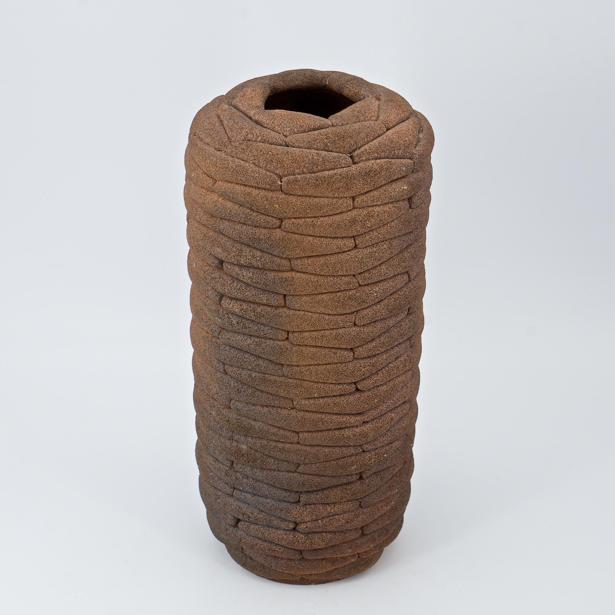 American 1980s Elephant Hide Textural Folds Stoneware Cylindrical Vase For Sale