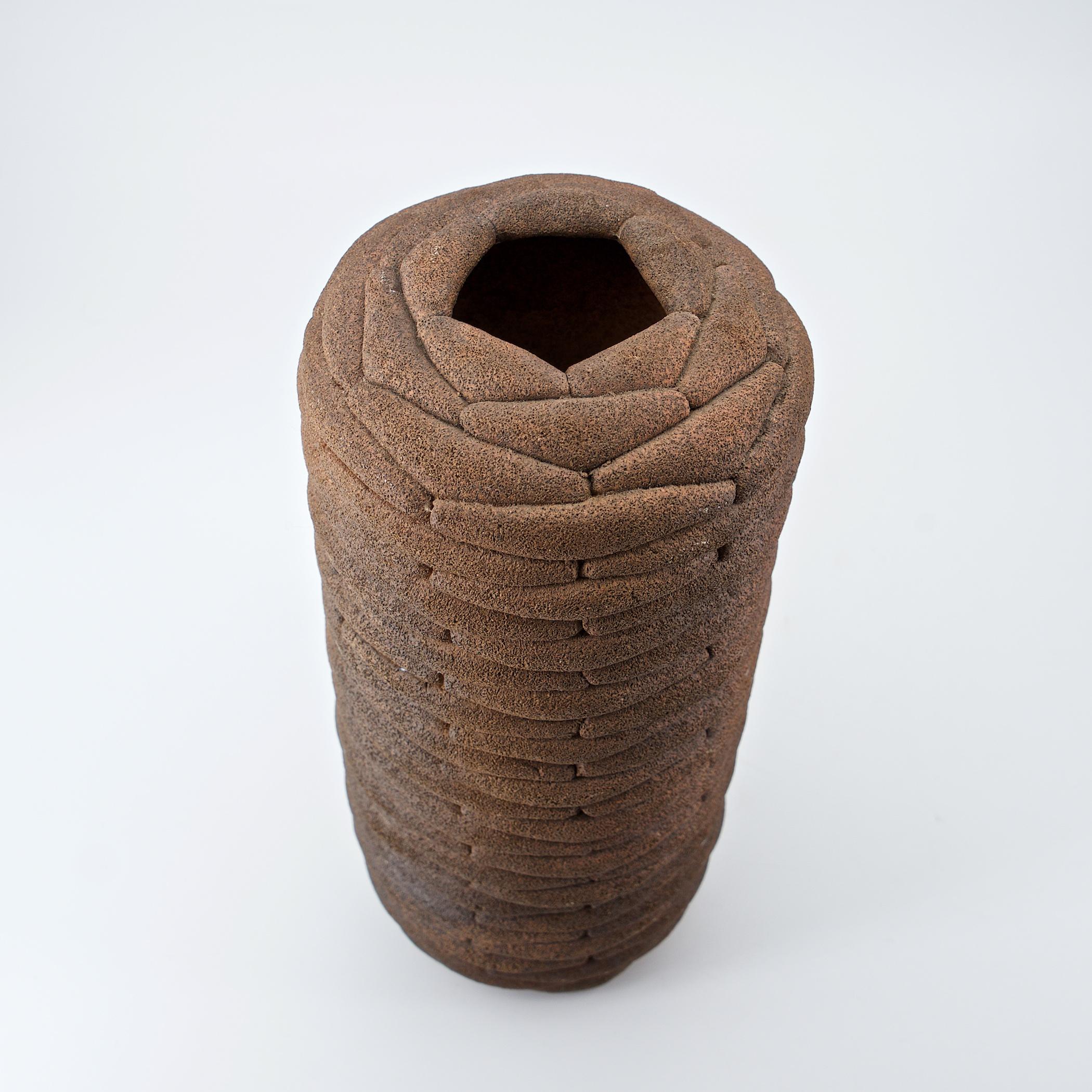 Hand-Crafted 1980s Elephant Hide Textural Folds Stoneware Cylindrical Vase For Sale