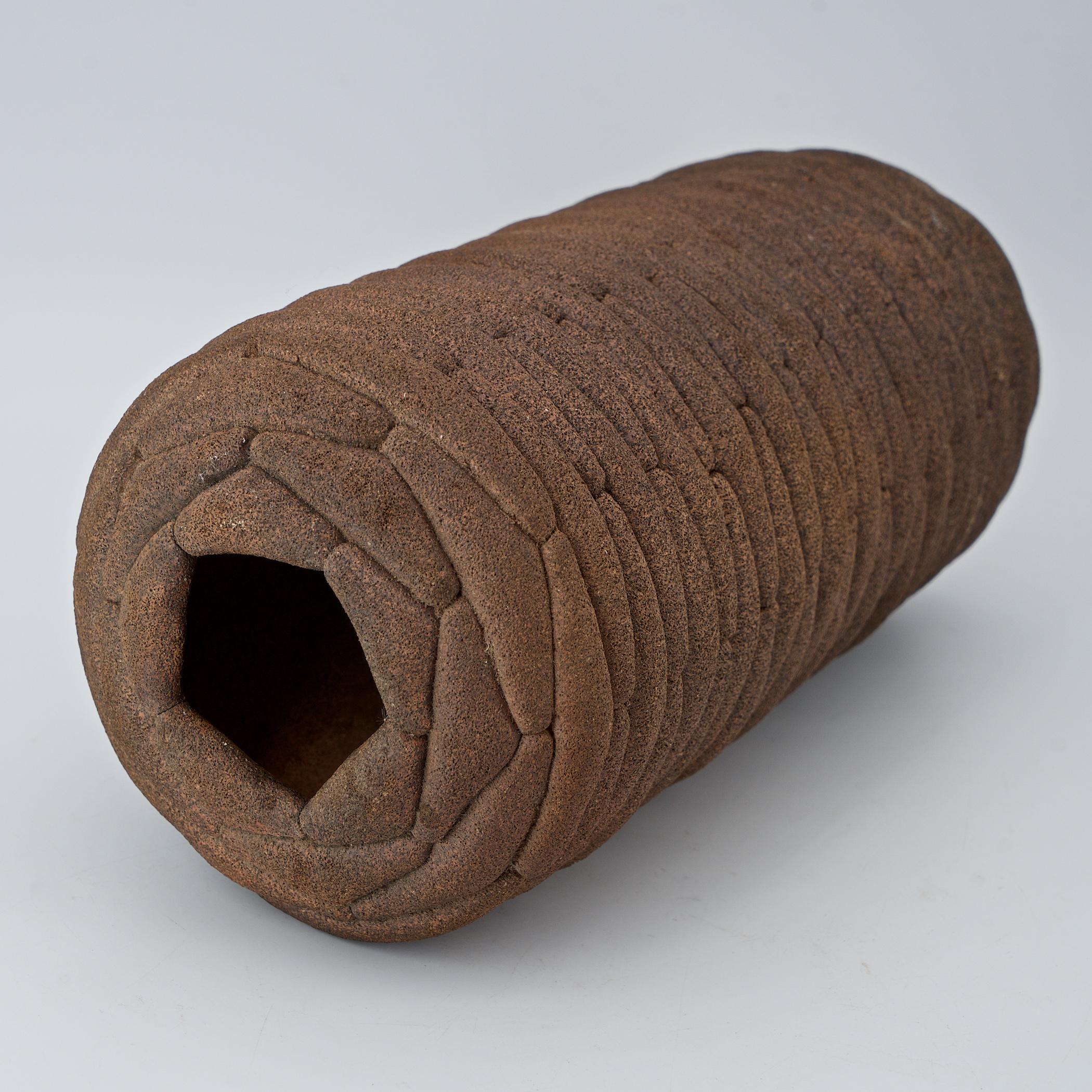 1980s Elephant Hide Textural Folds Stoneware Cylindrical Vase In Fair Condition For Sale In Hyattsville, MD