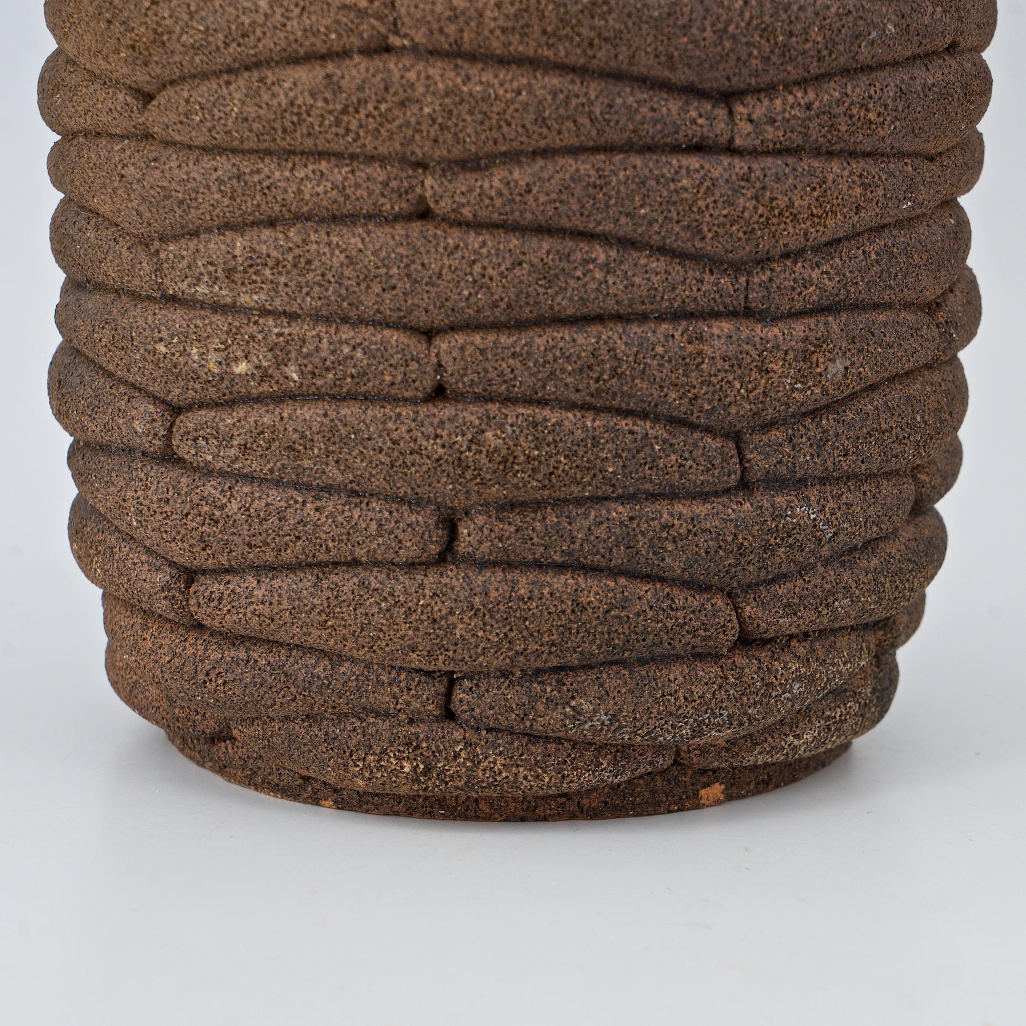 1980s Elephant Hide Textural Folds Stoneware Cylindrical Vase For Sale 1