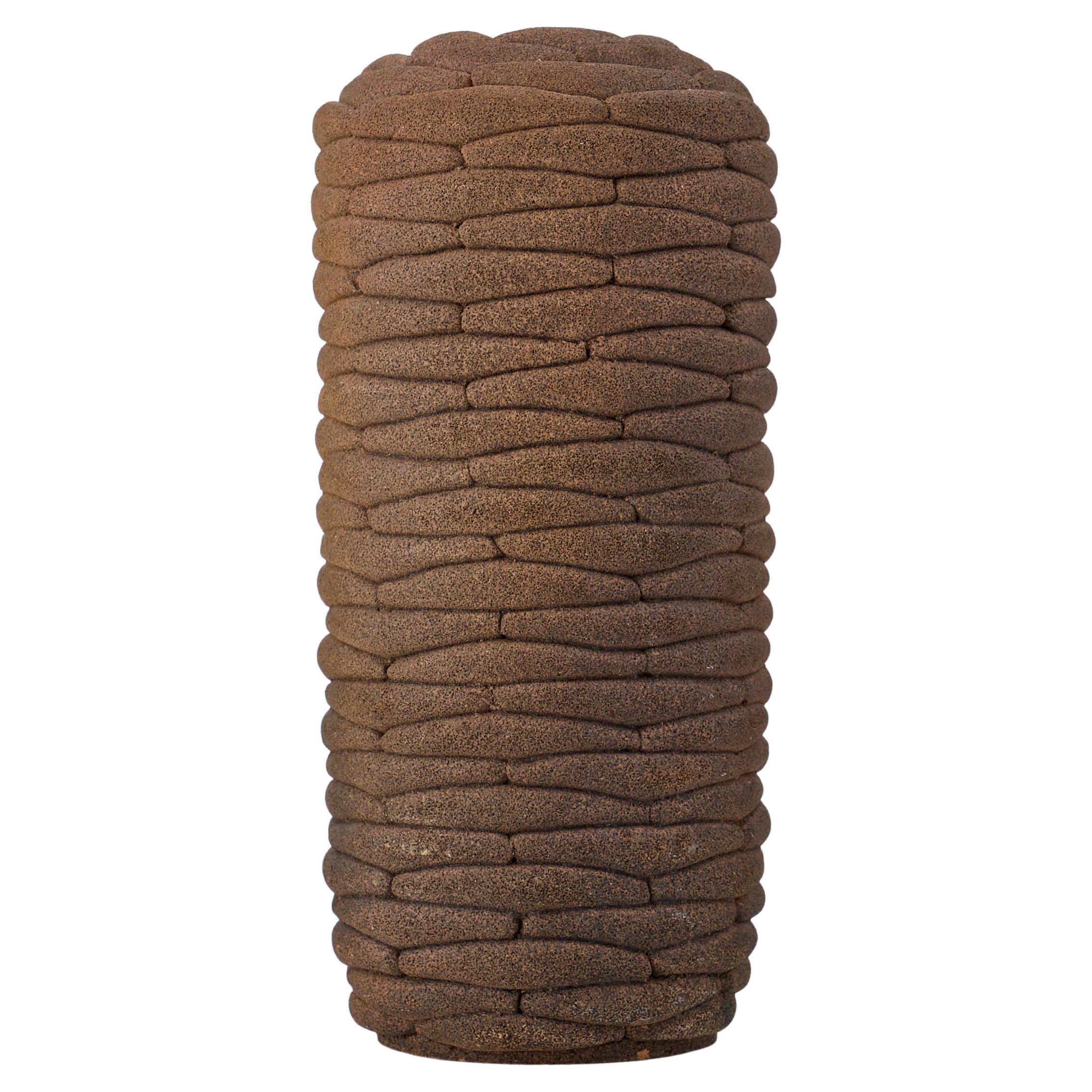 1980s Elephant Hide Textural Folds Stoneware Cylindrical Vase For Sale