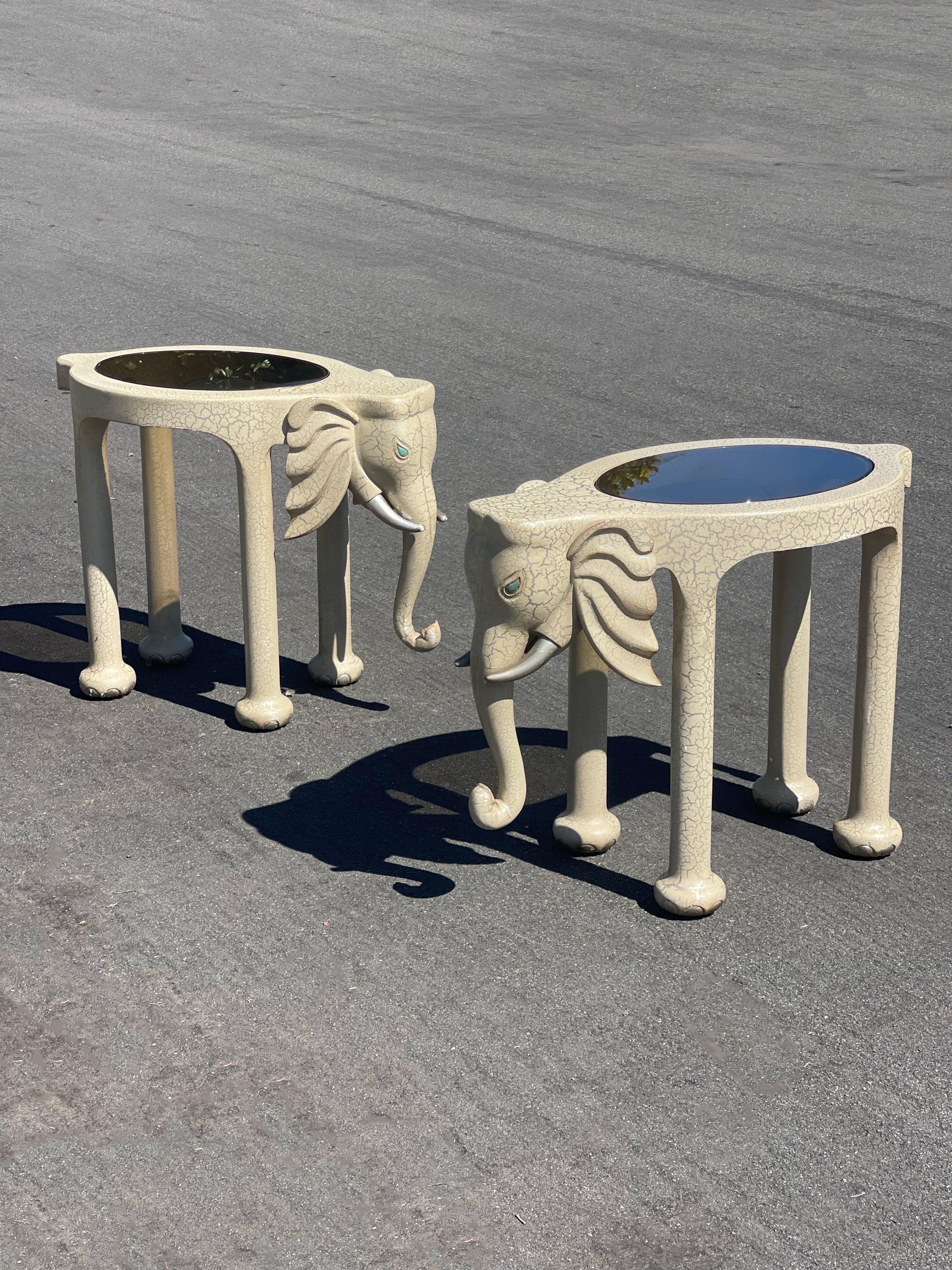 Beautiful set of rare elephant side tables by Marge Carson circa 1980. Painted with a beautiful crackled effect. All original condition! I have a matching bar cart available also, enquire within. 