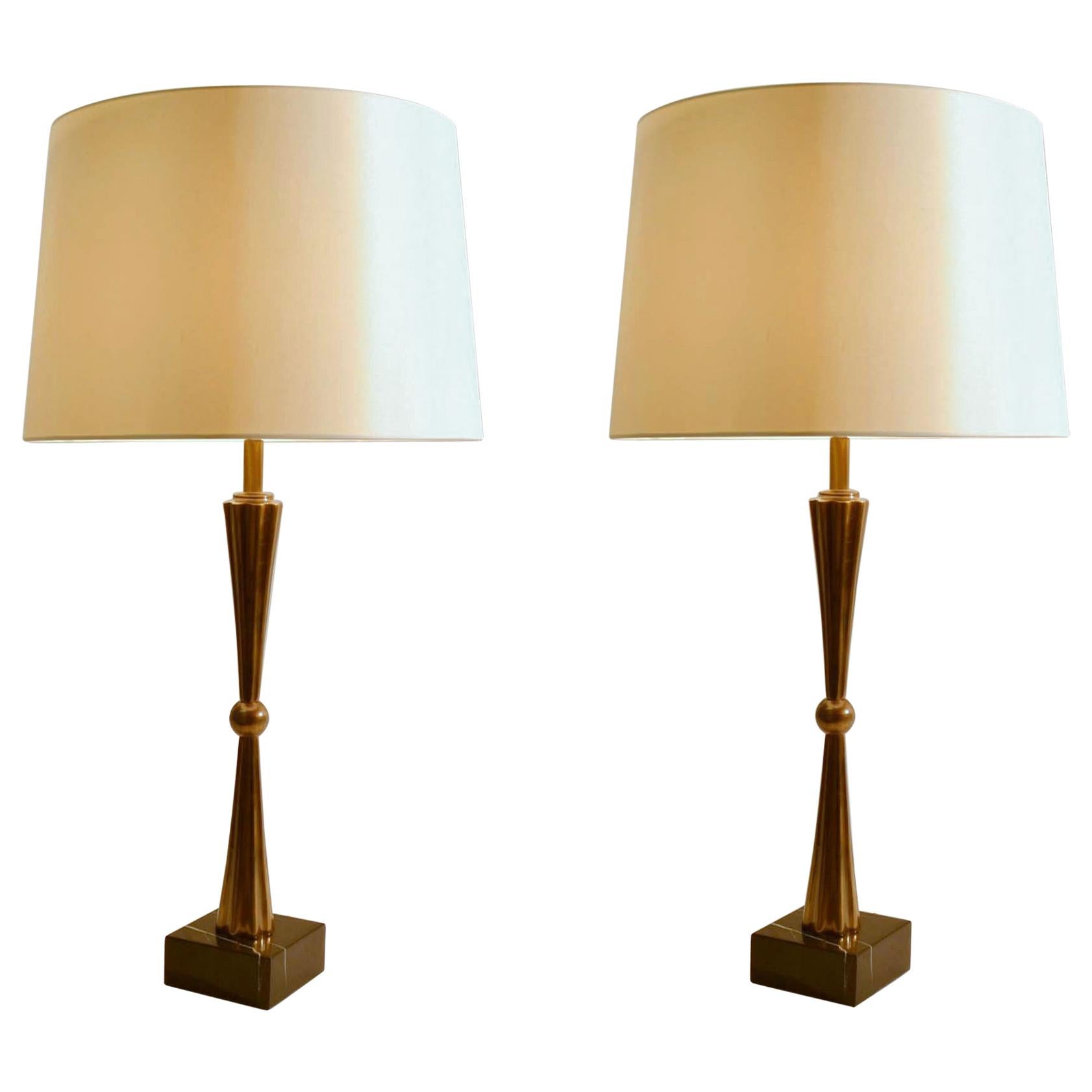 French Table Lamps in Bronze / Brass on Marble Black Bases