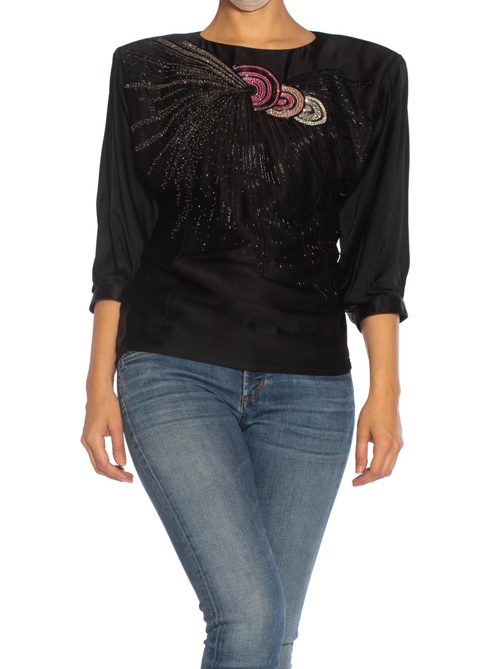 1980S EMANUEL UNGARO Black Haute Couture Silk Charmeuse Beaded Top For Sale 1