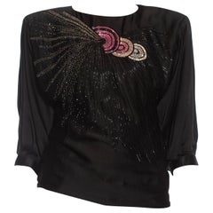 1980S EMANUEL UNGARO Black Haute Couture Silk Charmeuse Beaded Top