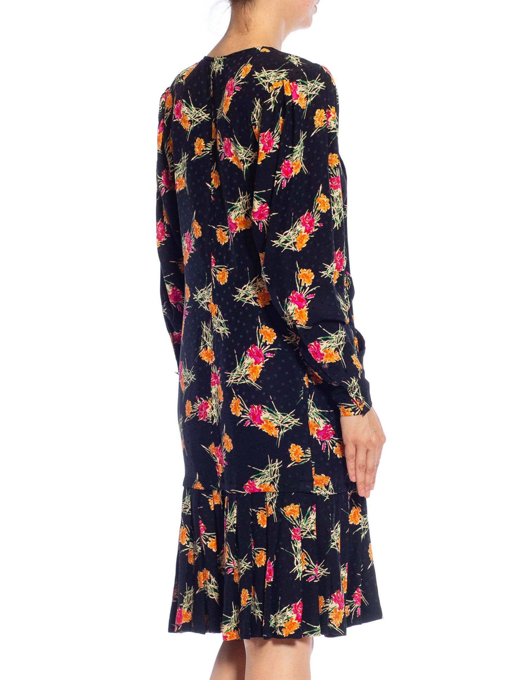 1980S EMANUEL UNGARO Black, Pink & Orange Floral Silk Long Sleeve Dress With Po For Sale 6