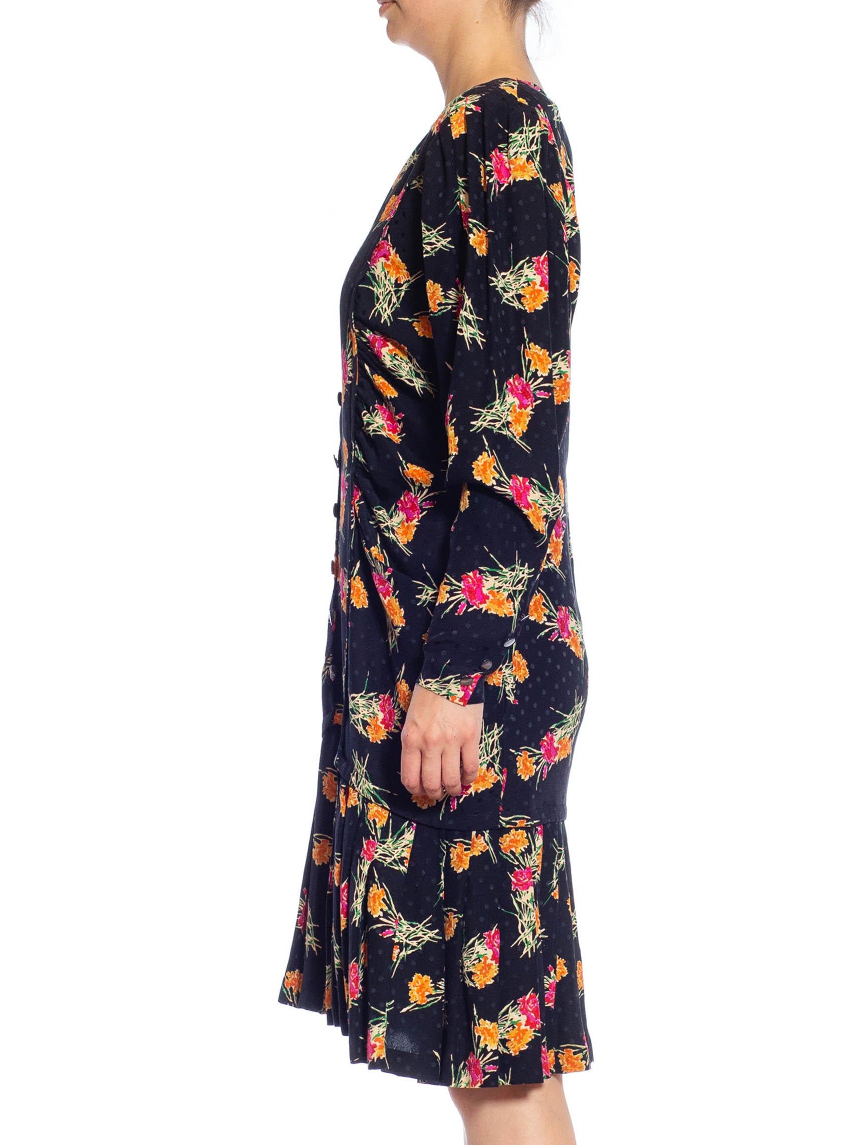 1980S EMANUEL UNGARO Black, Pink & Orange Floral Silk Long Sleeve Dress With Pockets