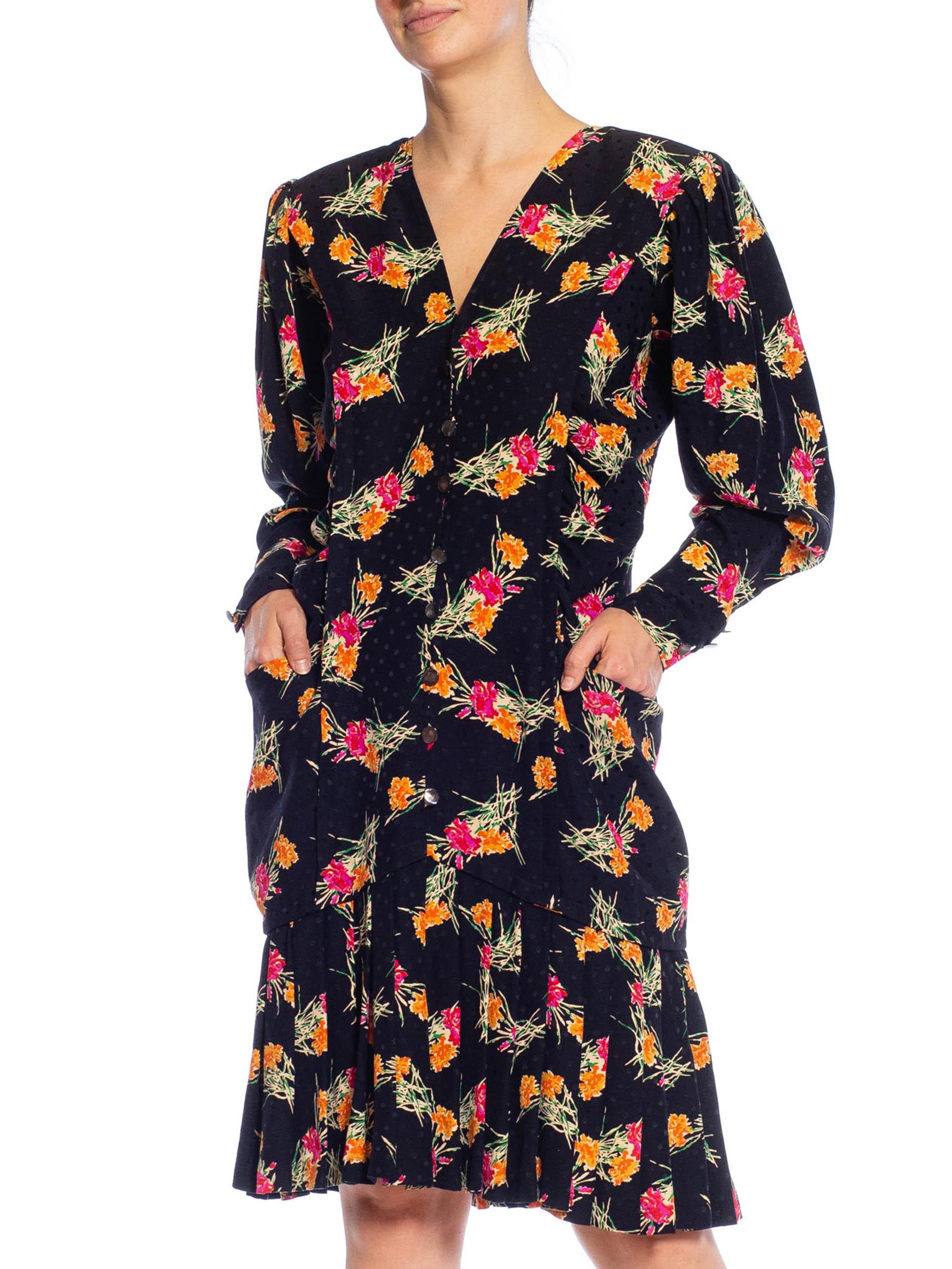 Women's 1980S EMANUEL UNGARO Black, Pink & Orange Floral Silk Long Sleeve Dress With Po For Sale