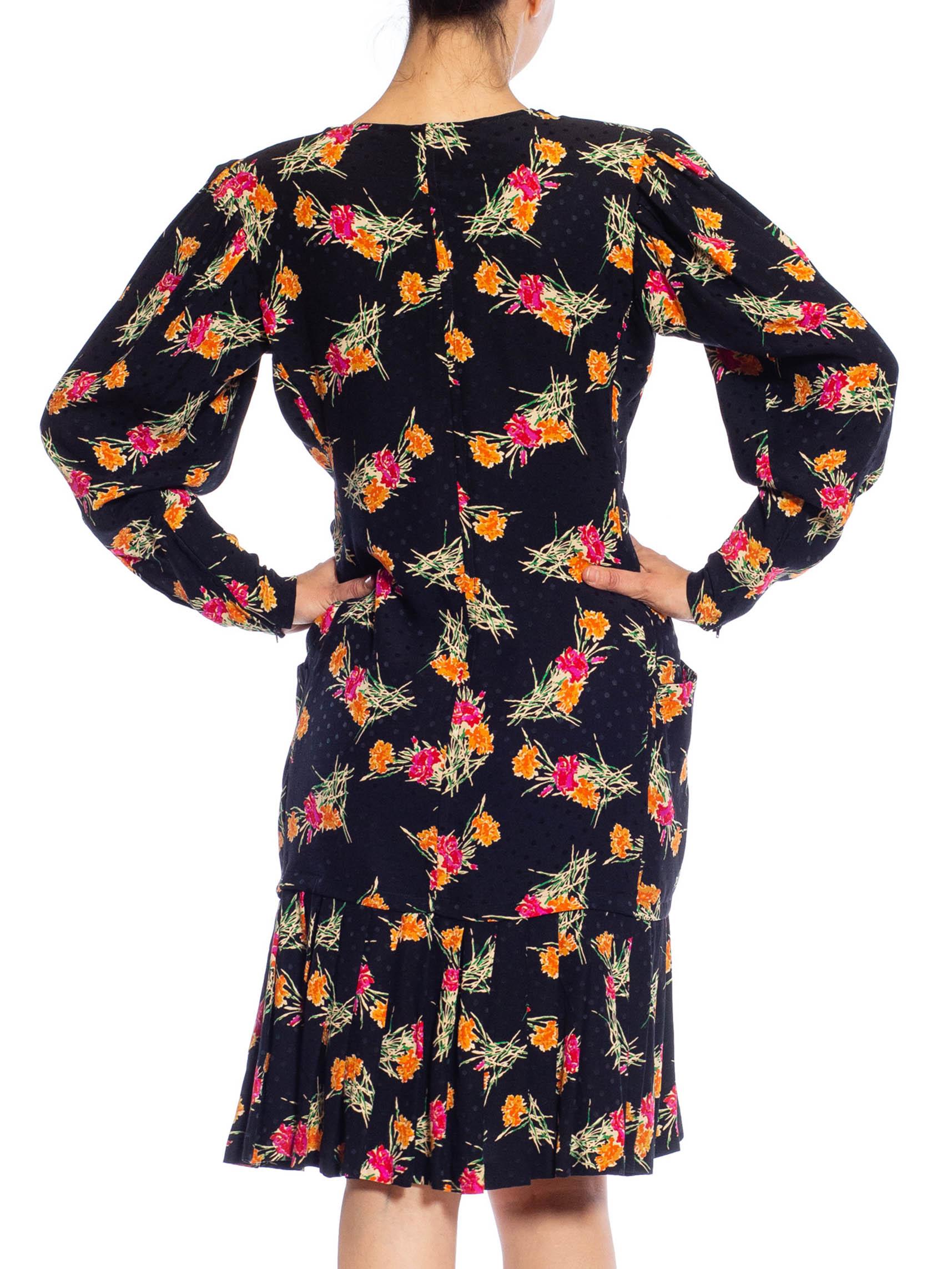 1980S EMANUEL UNGARO Black, Pink & Orange Floral Silk Long Sleeve Dress With Po For Sale 2