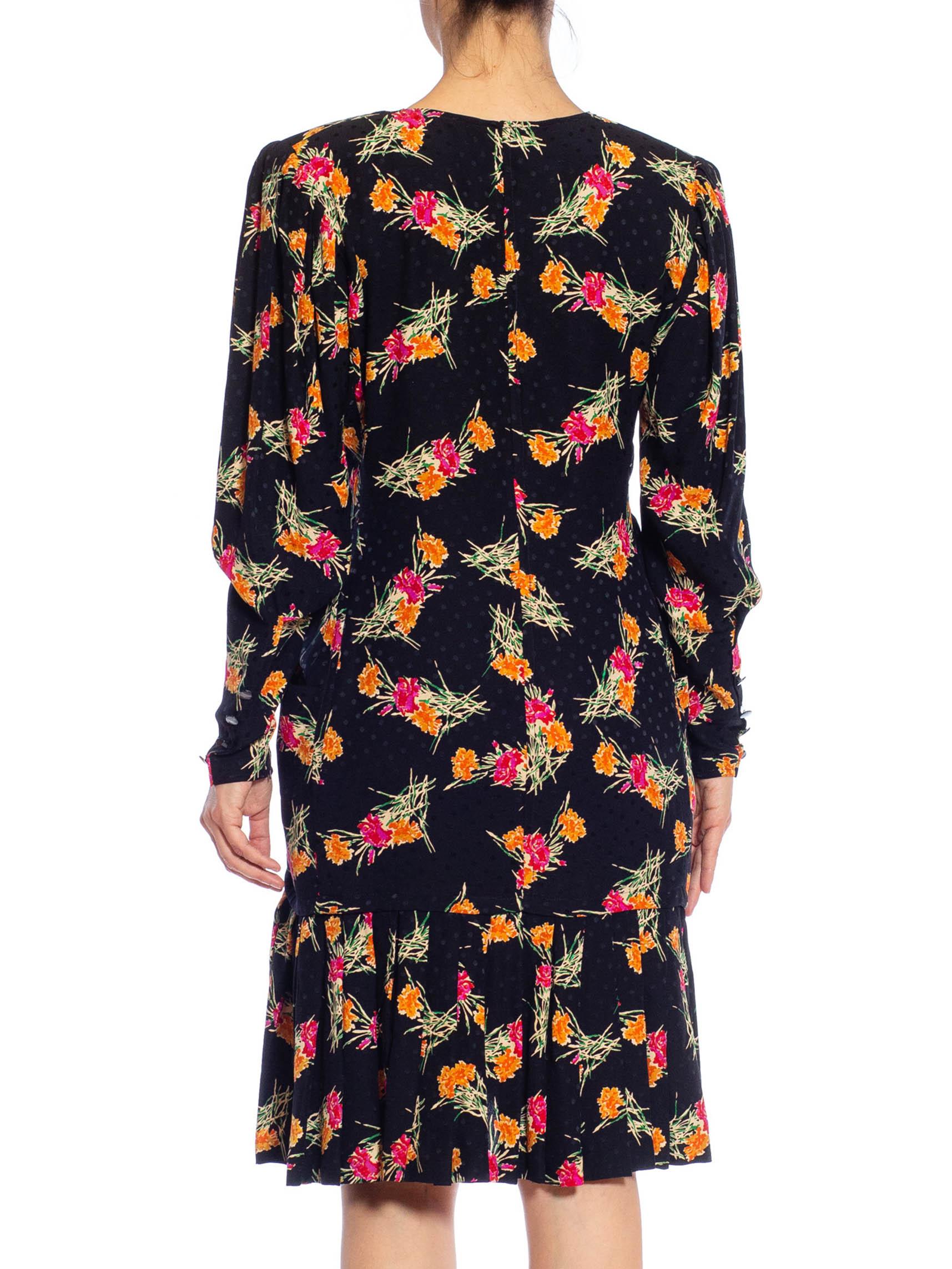 1980S EMANUEL UNGARO Black, Pink & Orange Floral Silk Long Sleeve Dress With Po For Sale 4