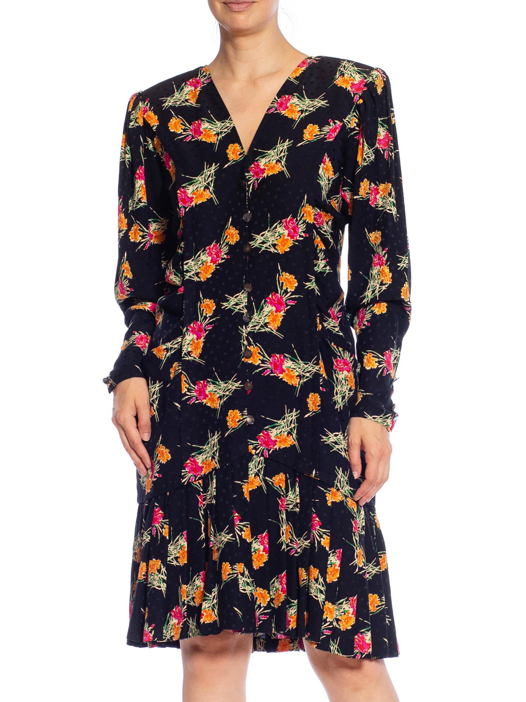 1980S EMANUEL UNGARO Black, Pink & Orange Floral Silk Long Sleeve Dress With Po For Sale 5