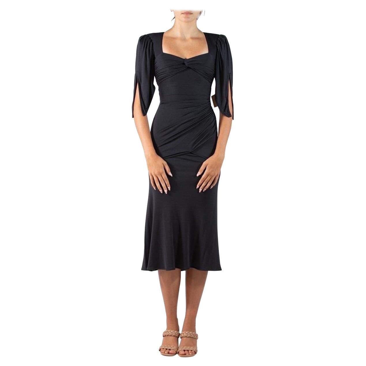 1980S Emanuel Ungaro Abito da Cocktail in Jersey misto Rayon Nero Dead-Stock Nwt