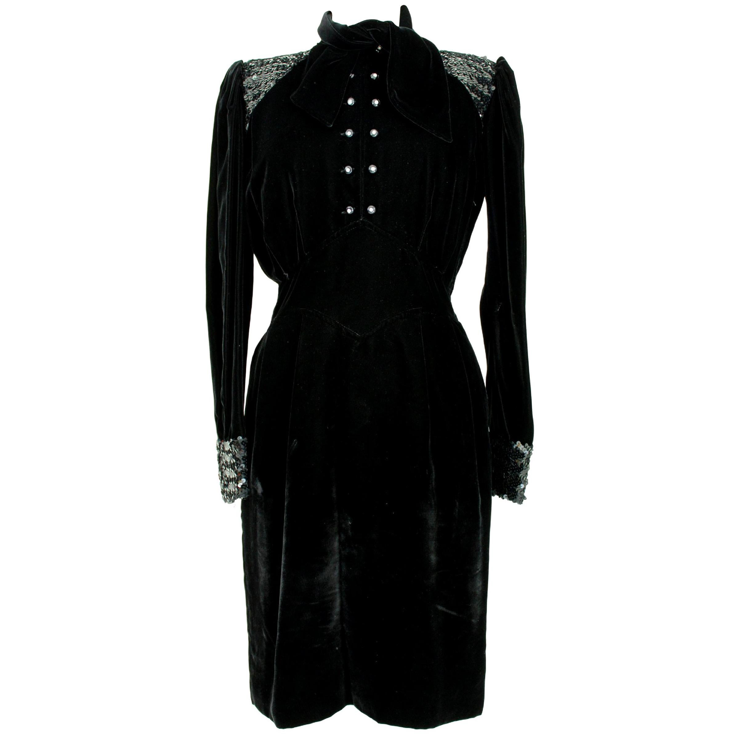 1980s Emanuel Ungaro Black Sequins Swaroski Silk Velvet Evening Dress 