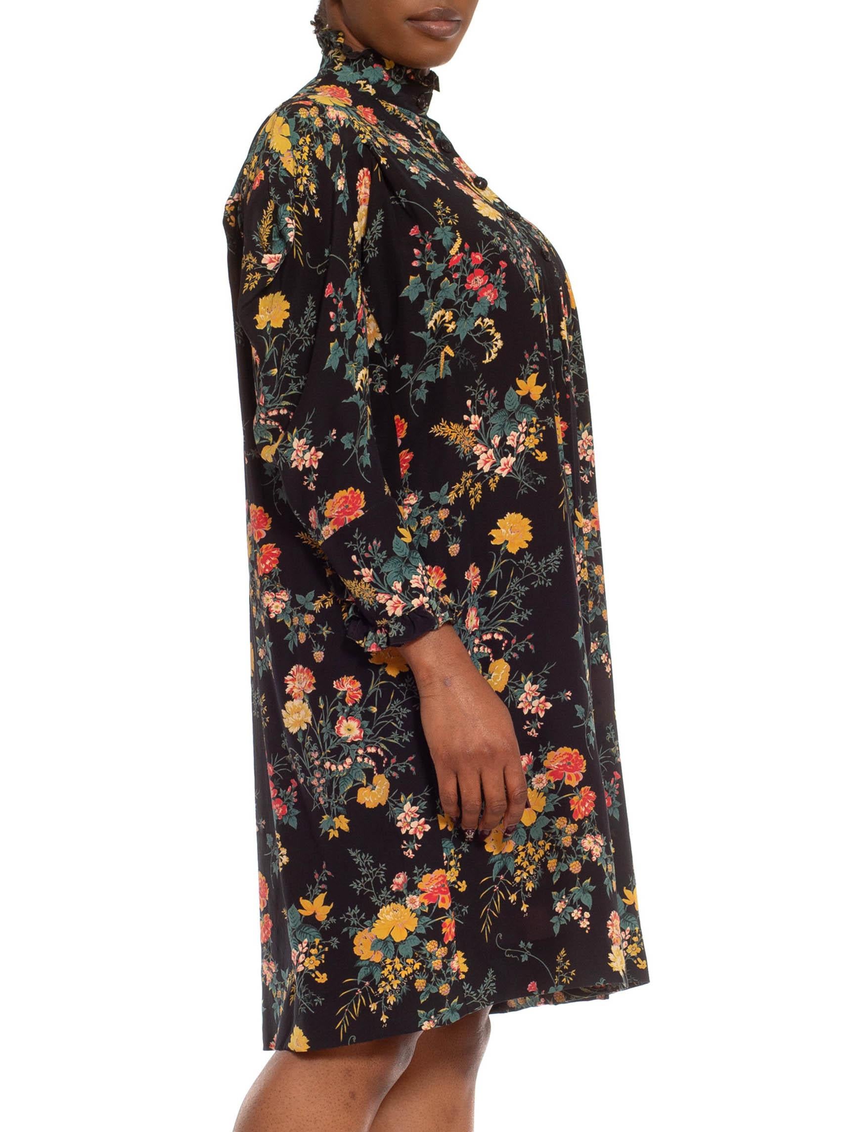 1980S EMANUEL UNGARO Schwarz & Gelb Floral Seide Oversized Boho Kleid