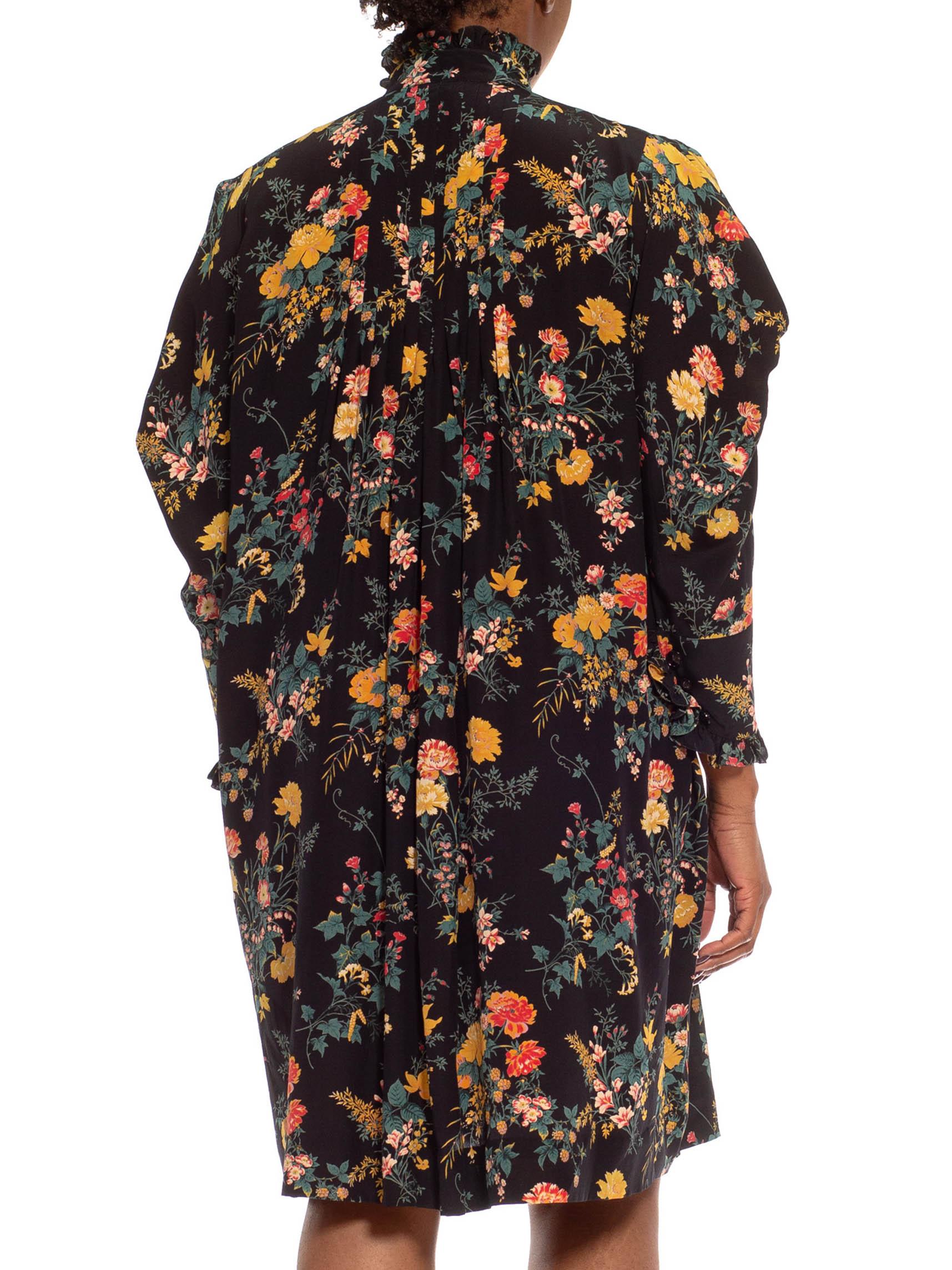 1980S EMANUEL UNGARO Black & Yellow Floral Silk Oversized Boho Dress For Sale 1
