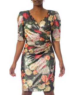 1980S EMANUEL UNGARO Floral Metallic Silk Lamé Draped Short Sleeve Cocktail Dre