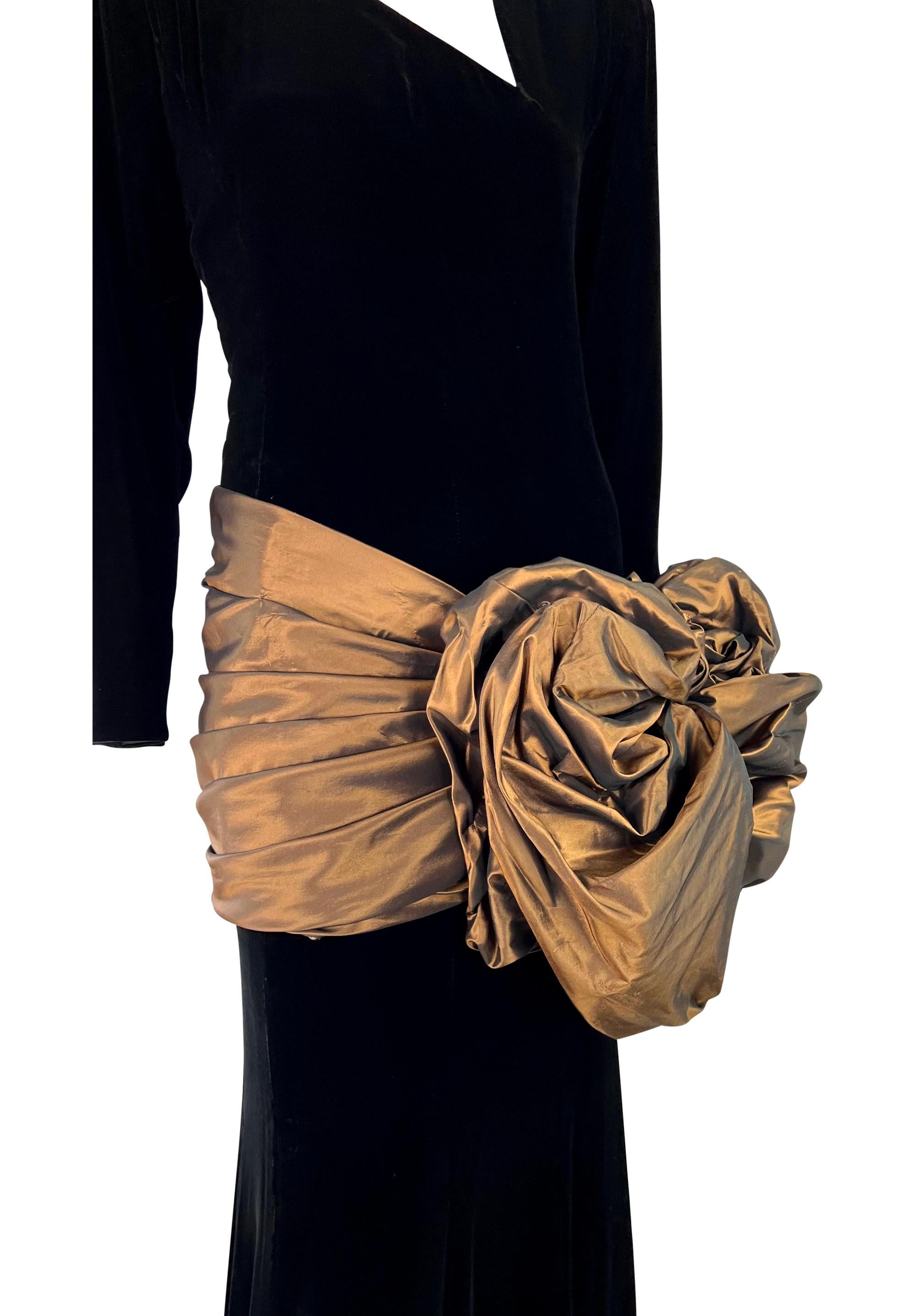 1980s Emanuel Ungaro Haute Couture Black Velvet Brown Taffeta Bow Gown For Sale 4