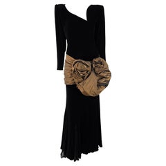 1980s Emanuel Ungaro Haute Couture Black Velvet Brown Taffeta Bow Gown
