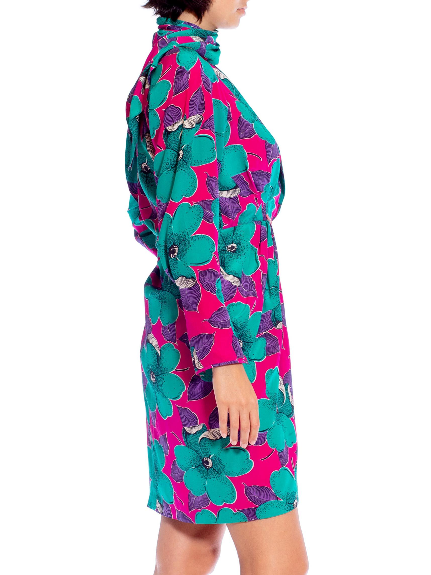 1980S EMANUEL UNGARO Hot Pink Floral Silk Dress In Excellent Condition For Sale In New York, NY