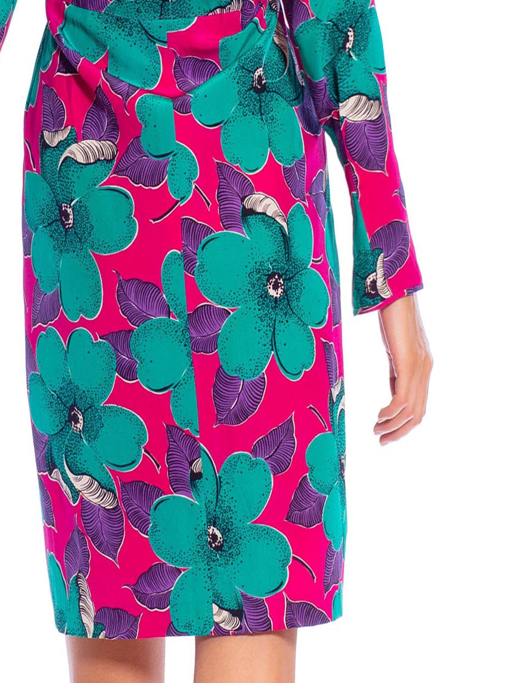 1980S EMANUEL UNGARO Hot Pink Floral Silk Dress For Sale 1