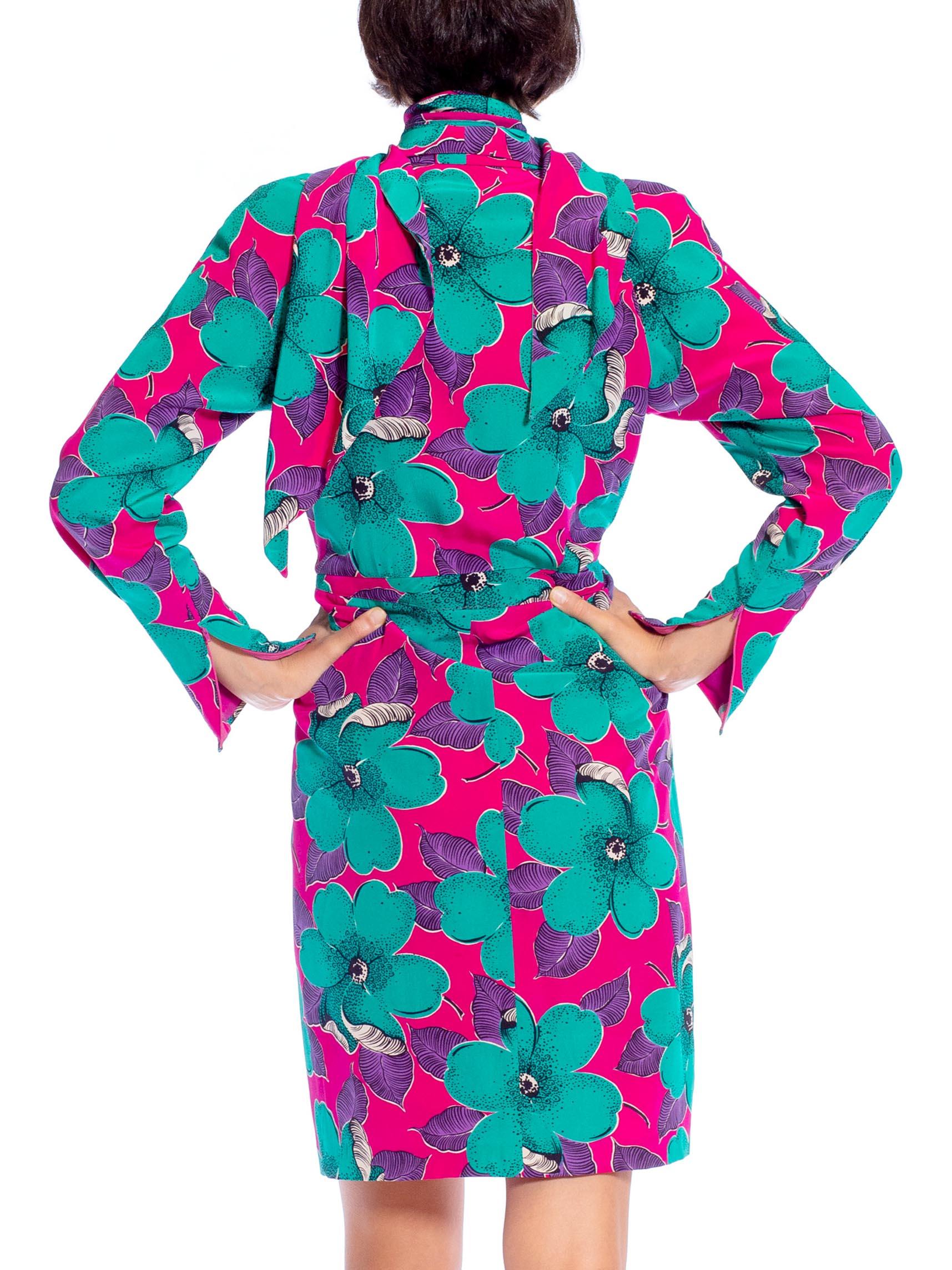 1980S EMANUEL UNGARO Hot Pink Floral Silk Dress For Sale 2
