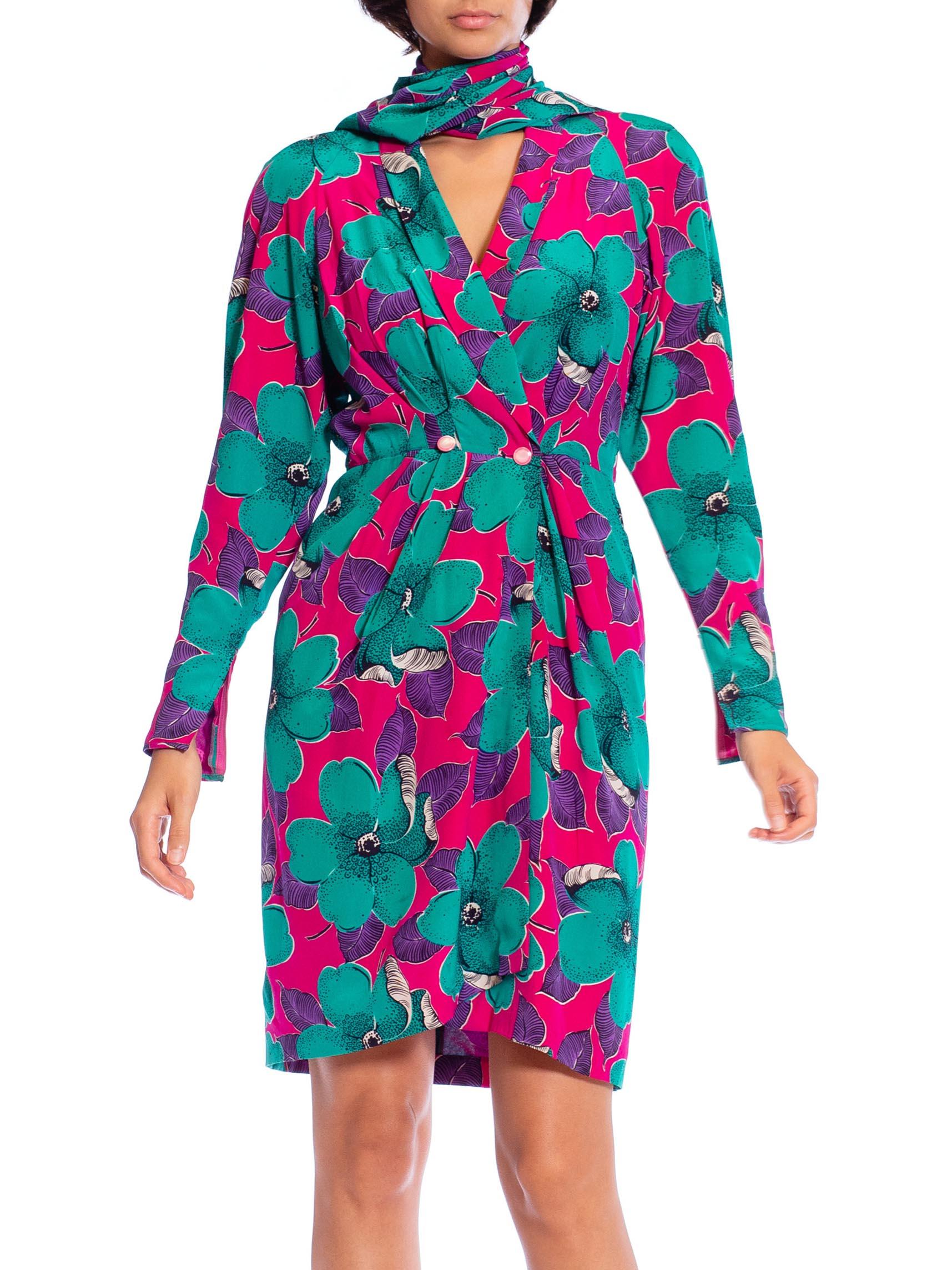 1980S EMANUEL UNGARO Hot Pink Floral Silk Dress For Sale 5