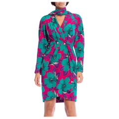 1980er EMANUEL UNGARO Heißes rosa geblümtes Seidenkleid