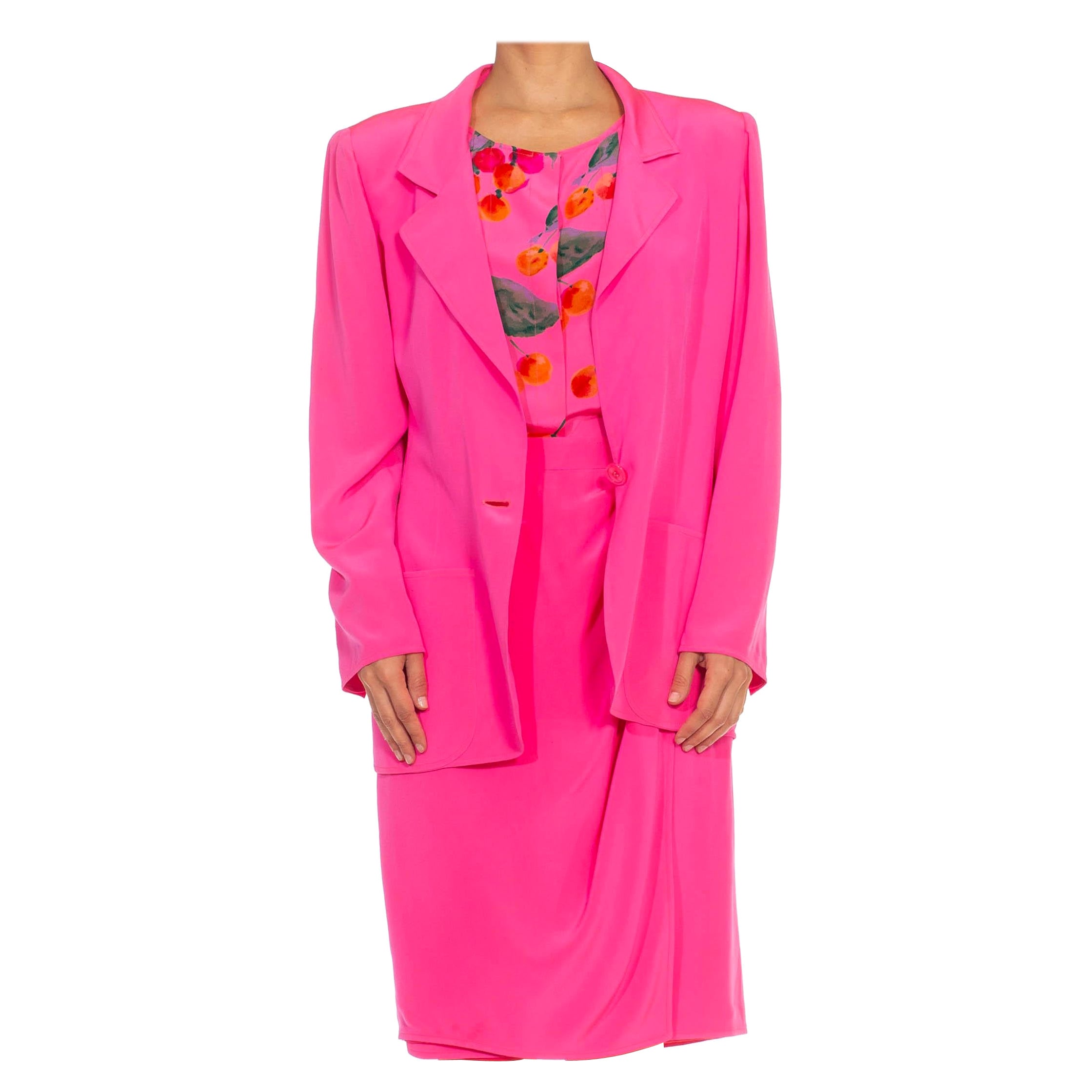 1980S EMANUEL UNGARO Conjunto de 3 piezas en crepé de seda rosa picante