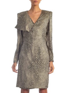 1980S EMANUEL UNGARO Metallic Silk Lamé Cheetah Print Wrap Cocktail Dress