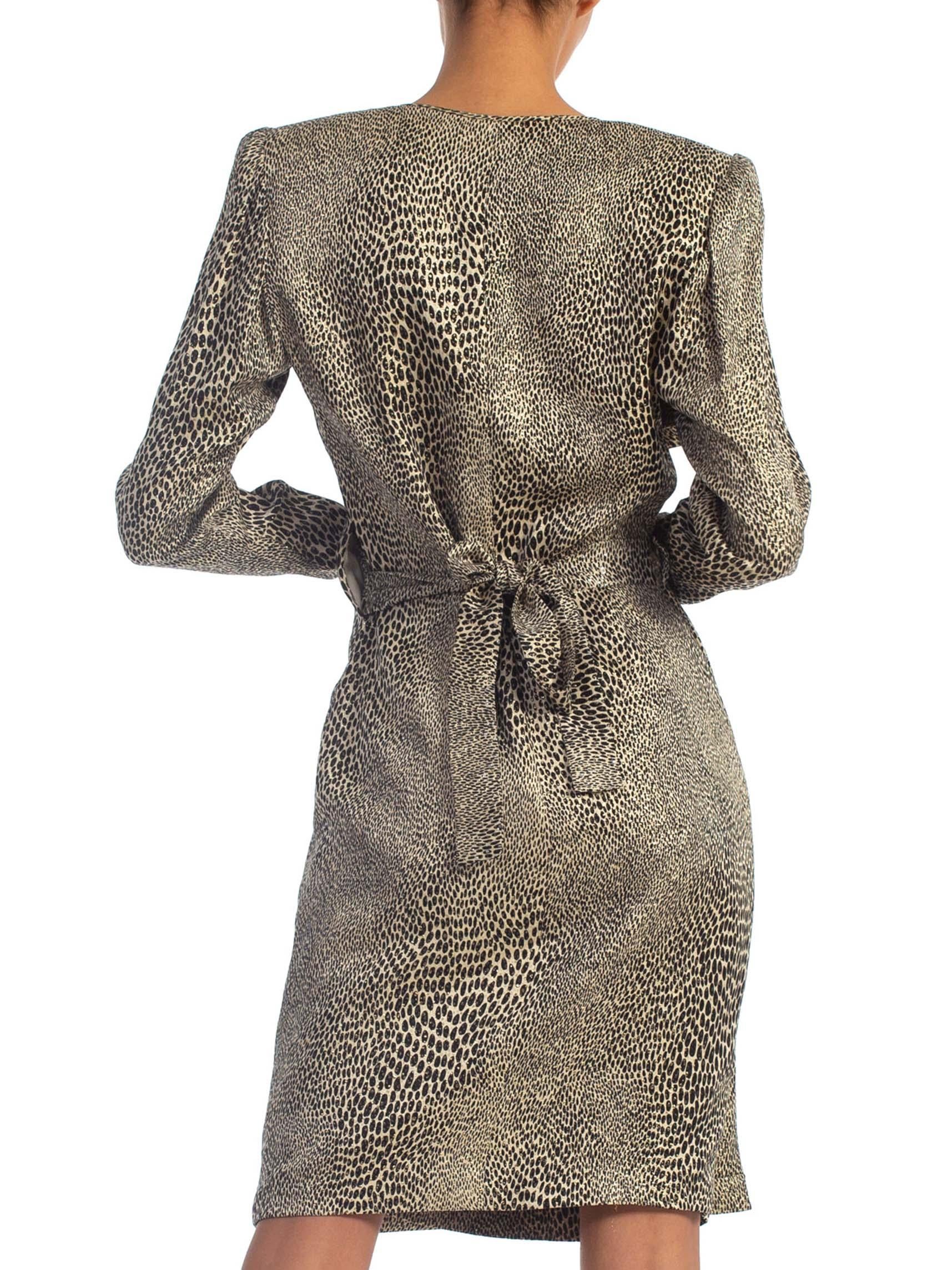 1980S EMANUEL UNGARO Metallic Silk Lamé Cheetah Print Wrap Cocktail Dress For Sale 2