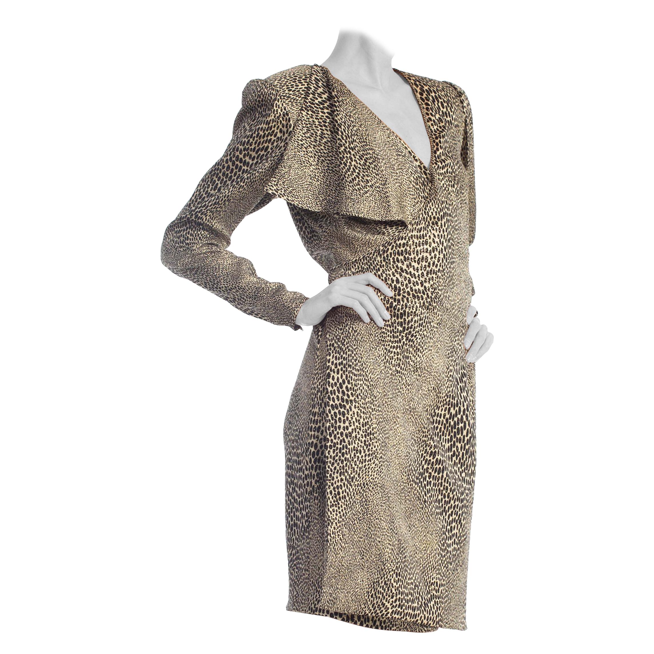 1980S EMANUEL UNGARO Metallic Silk Lamé Cheetah Print Wrap Cocktail Dress For Sale