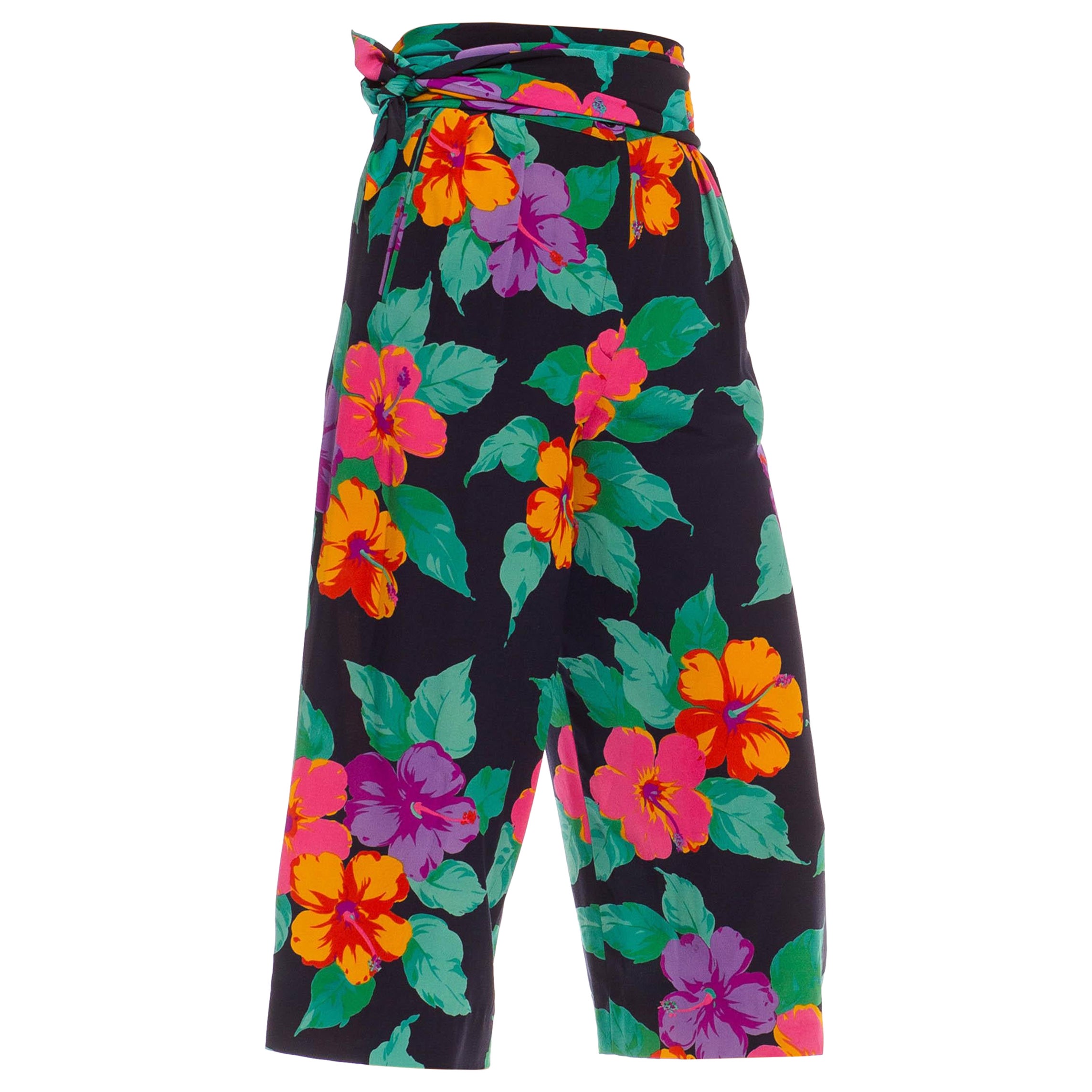 1980S EMANUEL UNGARO Pantalones y faja de crepé de chine de seda floral azul marino