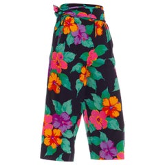 1980S EMANUEL UNGARO Navy Blue Floral Silk Crepe De Chine Pants & Sash