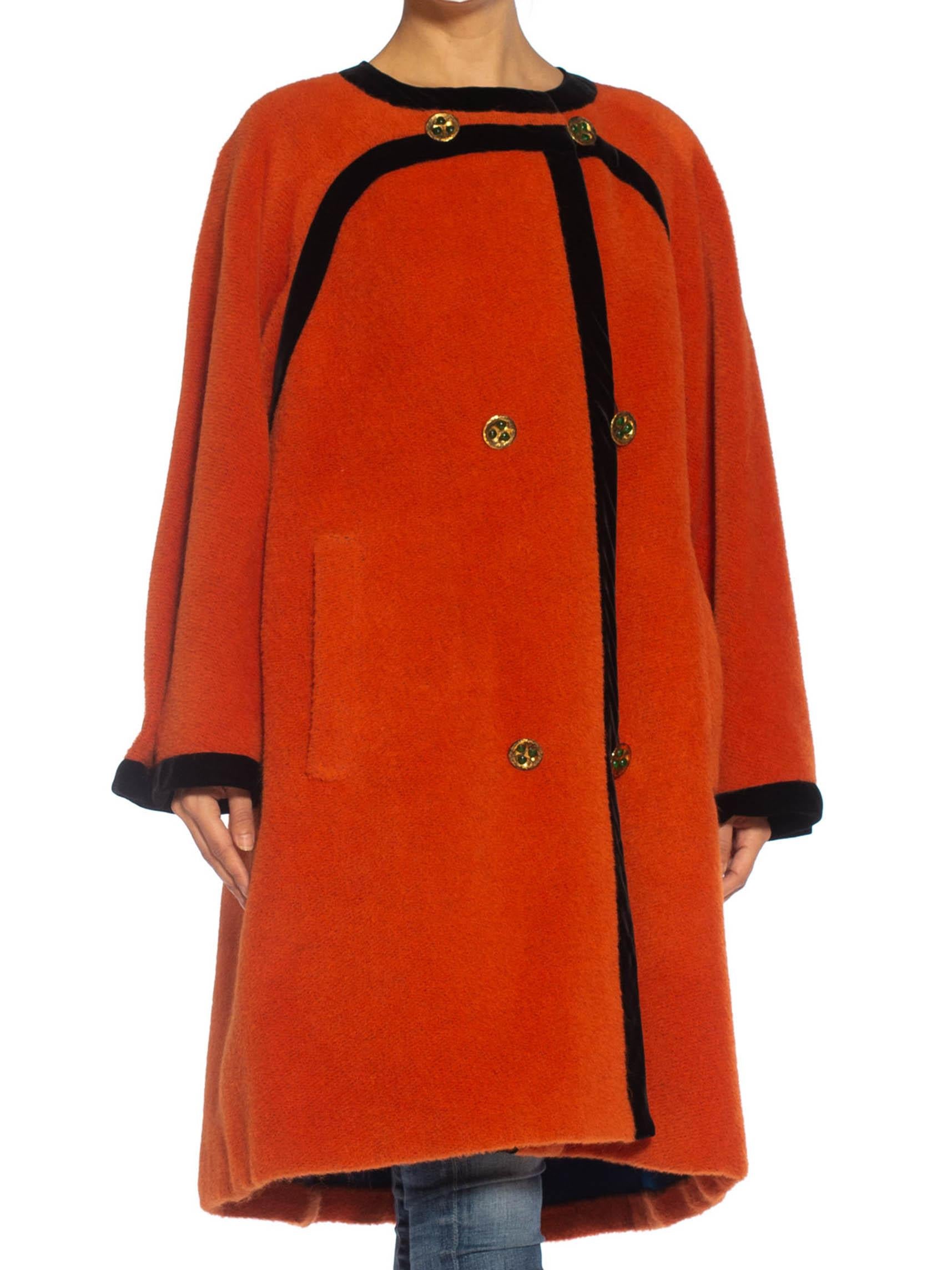 1980S EMANUEL UNGARO Orange Haute Couture Mohair Wool Coat Lined In Electric Bl In Excellent Condition For Sale In New York, NY