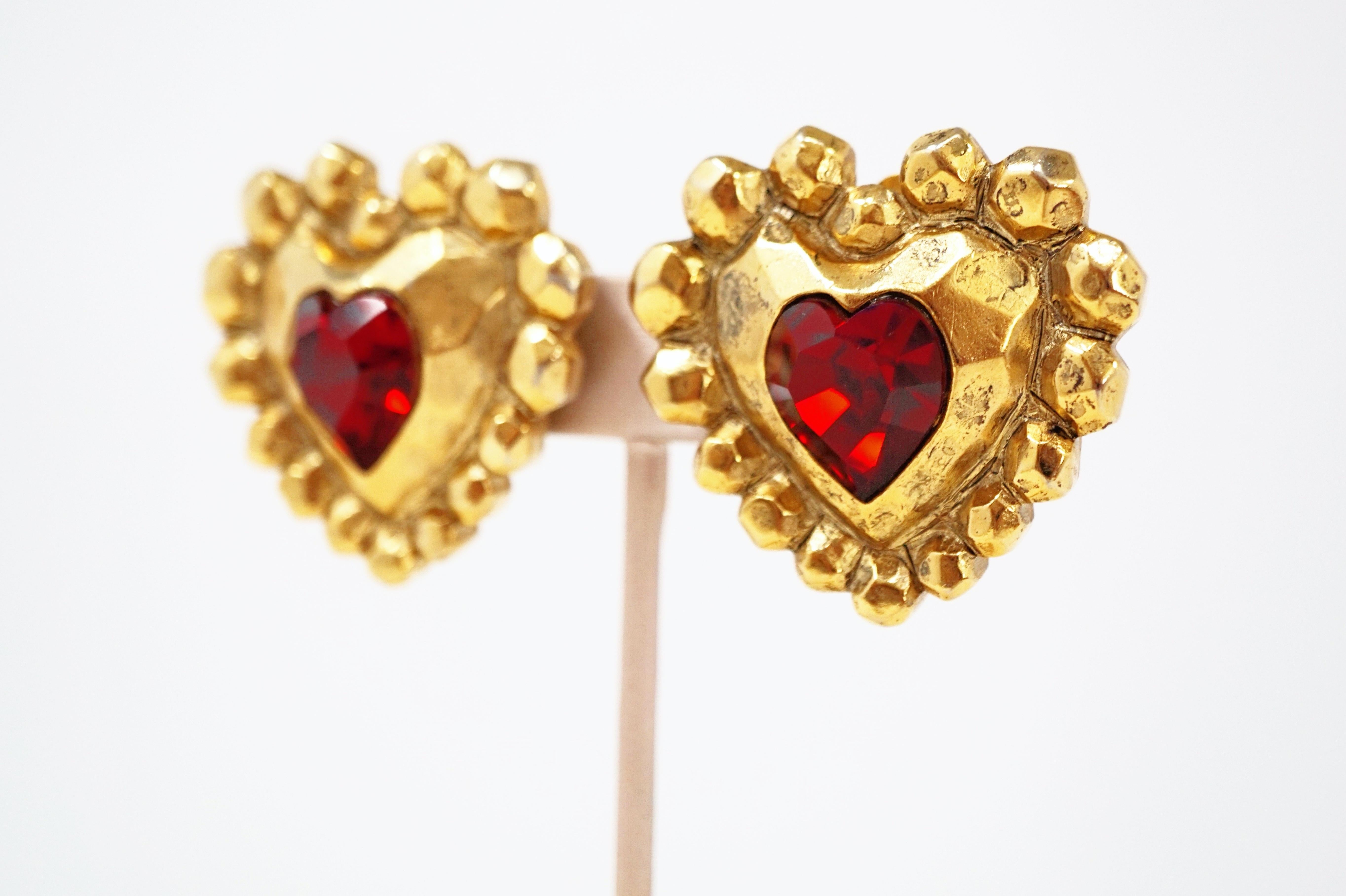 1980s Emanuel Ungaro Oversized Gilded Heart Statement Earrings with Ruby Crystal 4